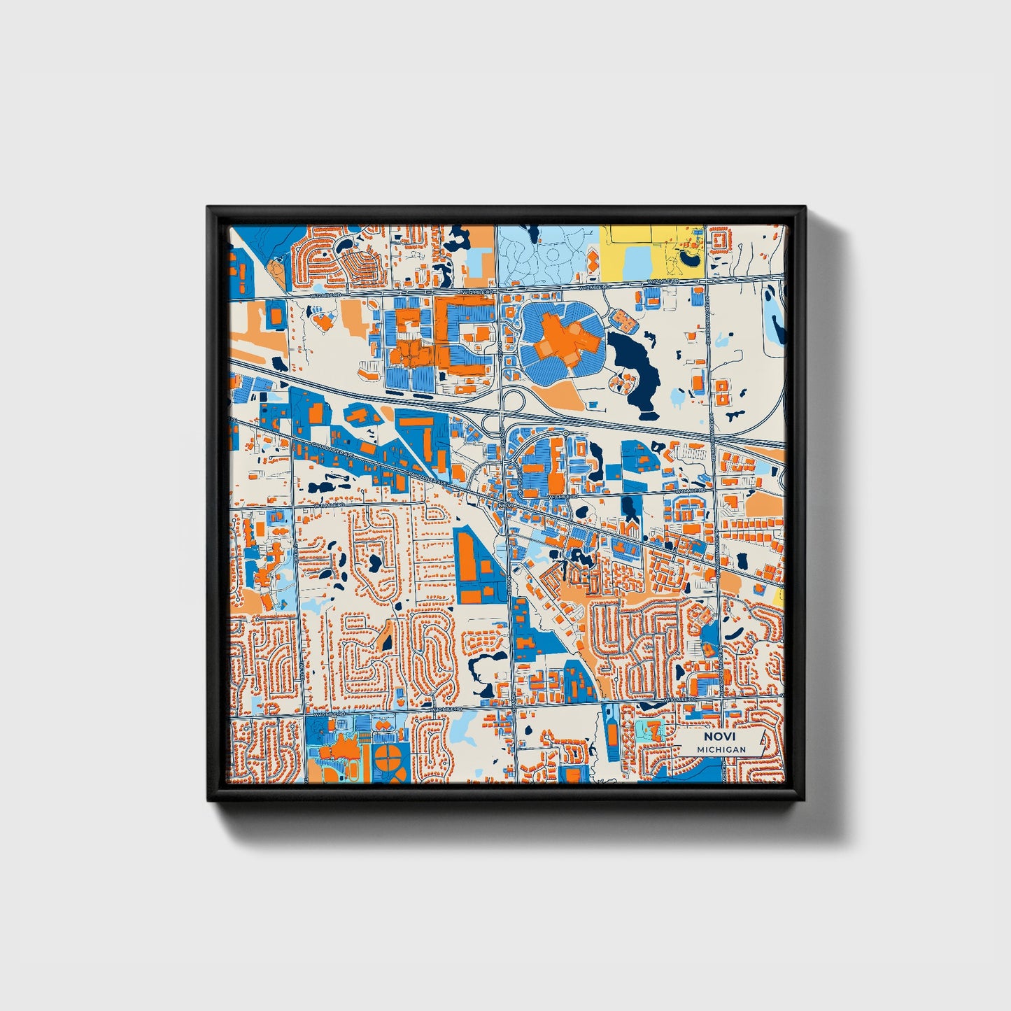 Novi Michigan Colorful City Map Canvas Print • Black Framed