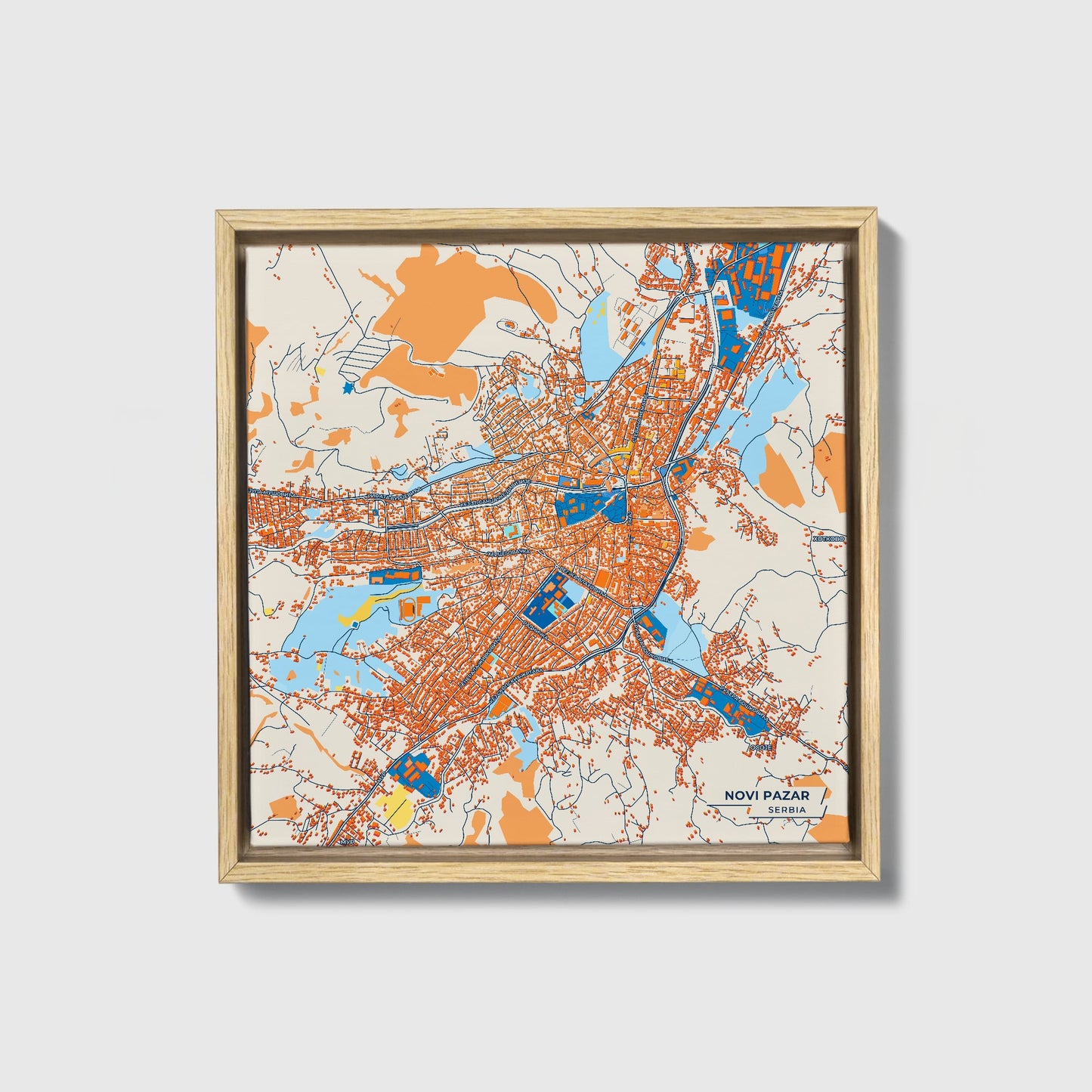 Нови Пазар Serbia Colorful City Map Canvas Print • Natural Wooden Framed