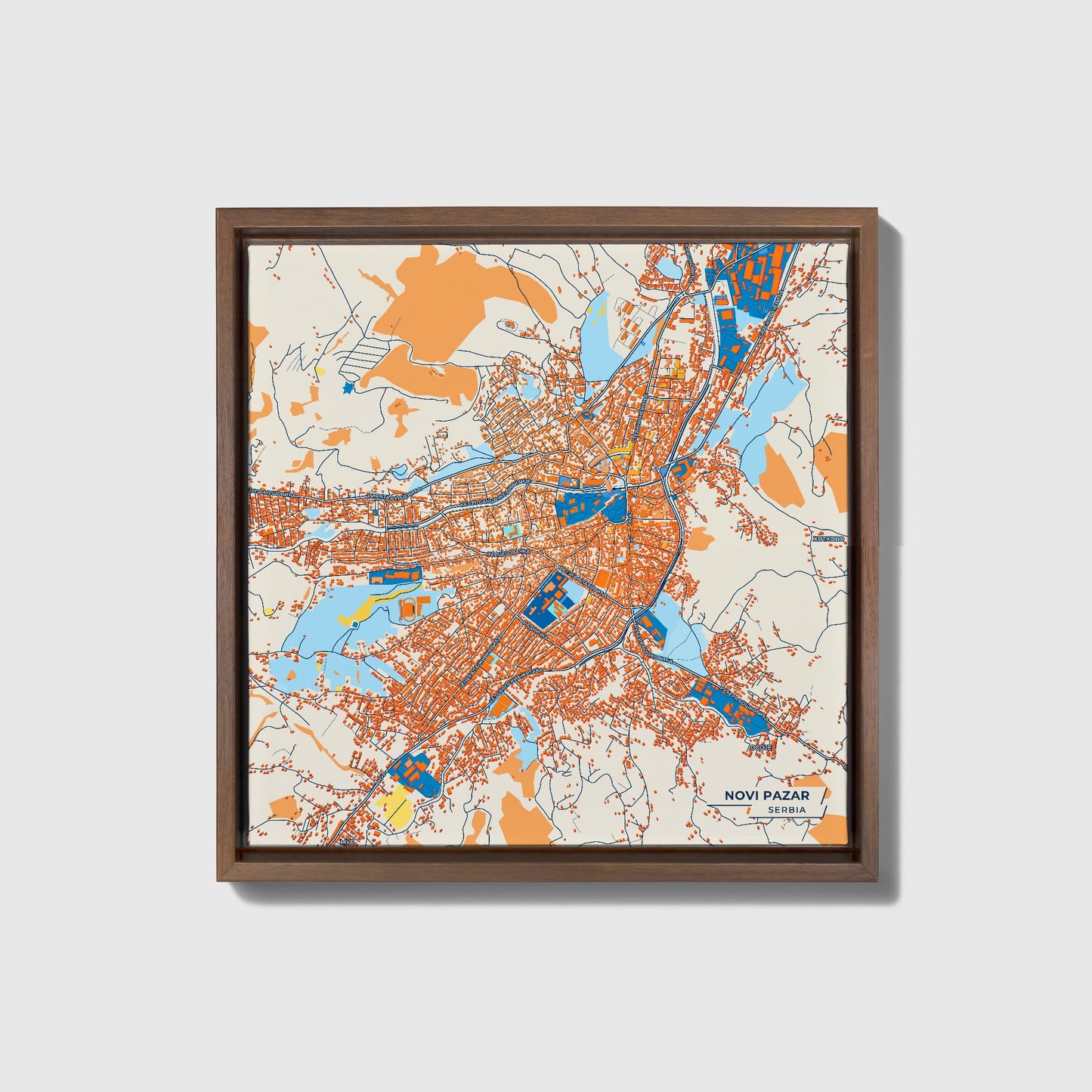 Нови Пазар Serbia Colorful City Map Canvas Print • Dark Wooden Framed