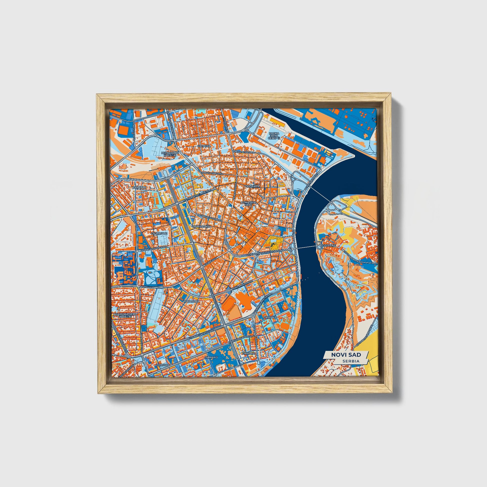 Нови Сад Serbia Colorful City Map Canvas Print • Natural Wooden Framed