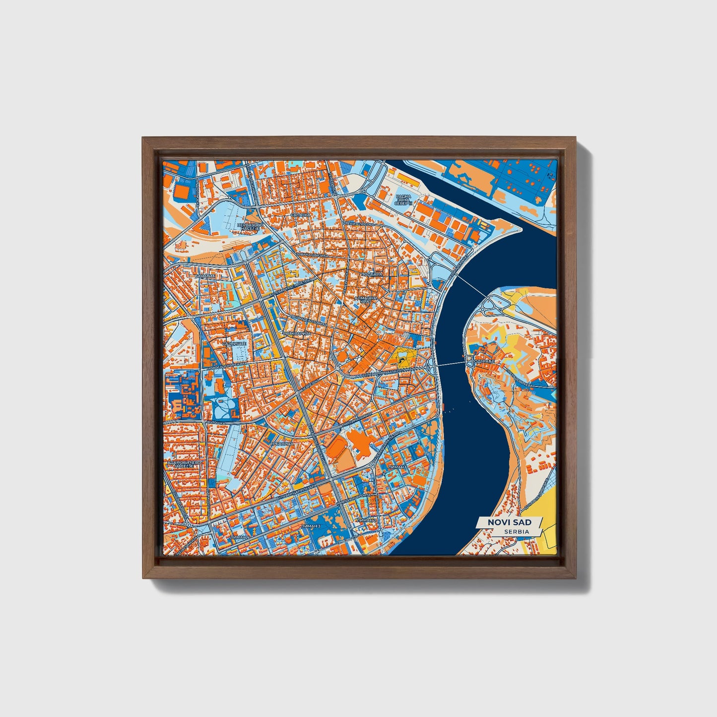 Нови Сад Serbia Colorful City Map Canvas Print • Dark Wooden Framed