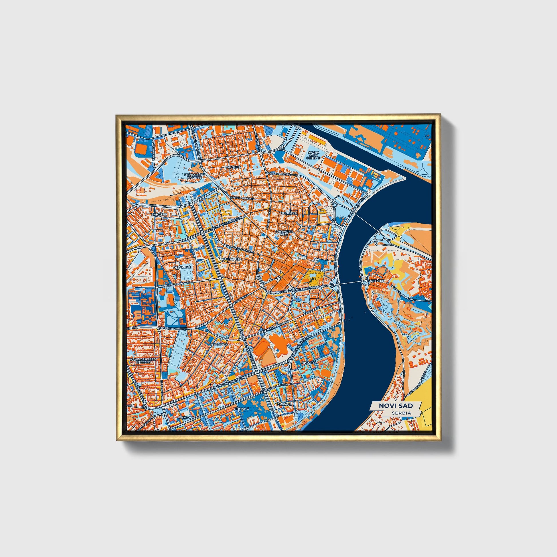 Нови Сад Serbia Colorful City Map Canvas Print • Gold Framed