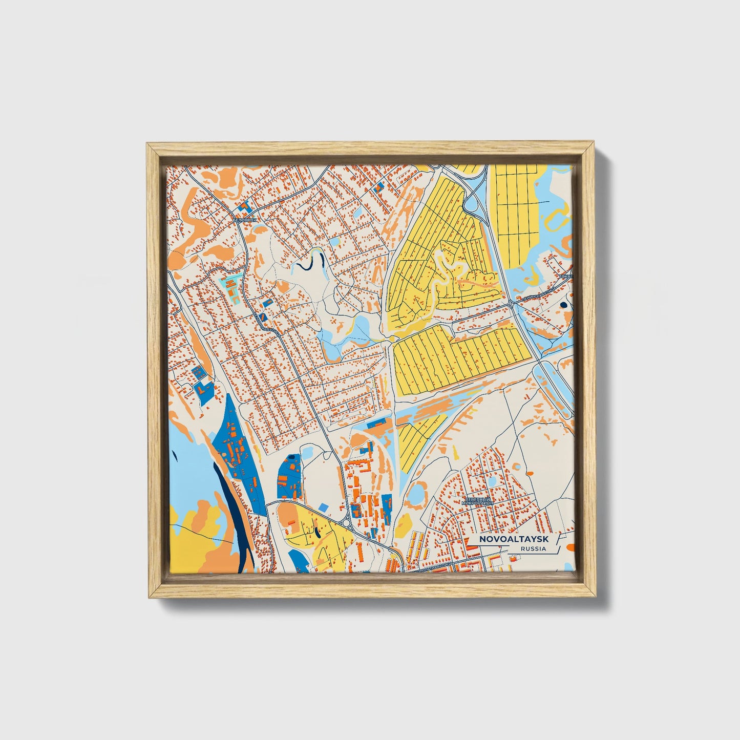 Новоалтайск Russia Colorful City Map Canvas Print • Natural Wooden Framed