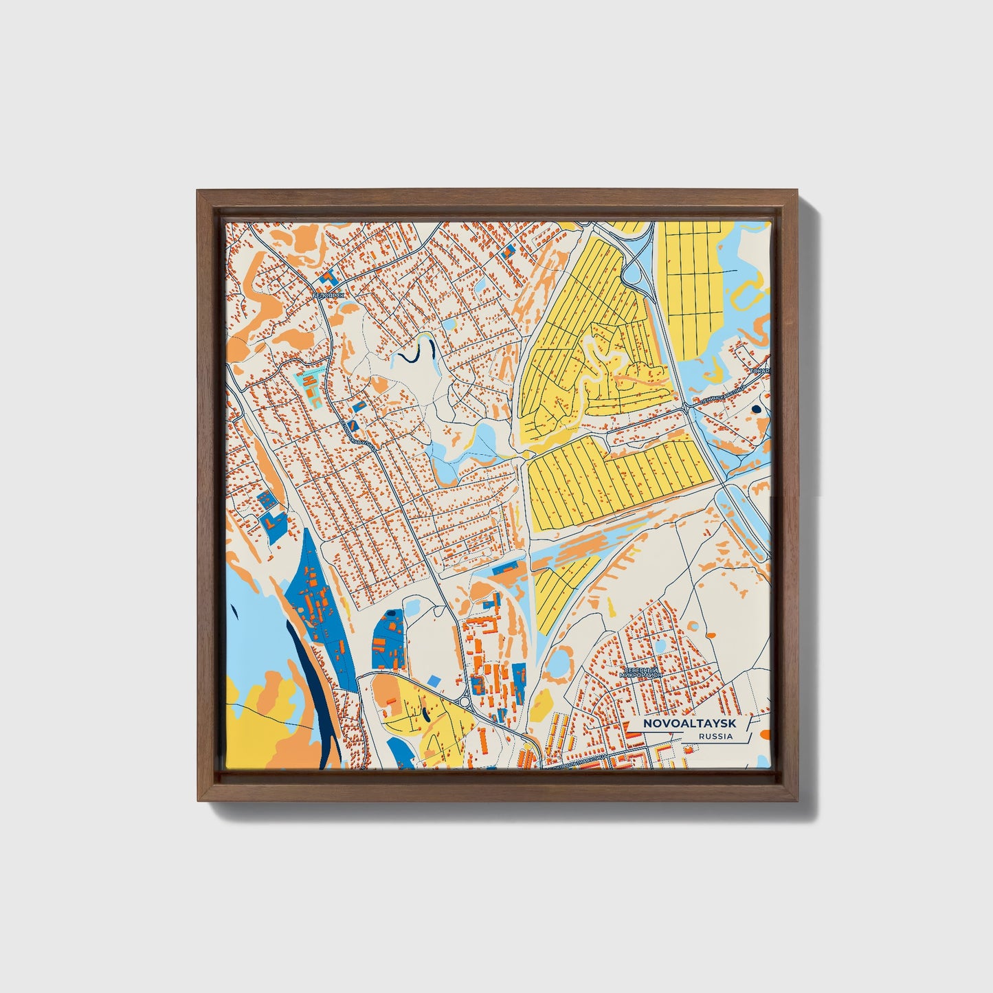 Новоалтайск Russia Colorful City Map Canvas Print • Dark Wooden Framed