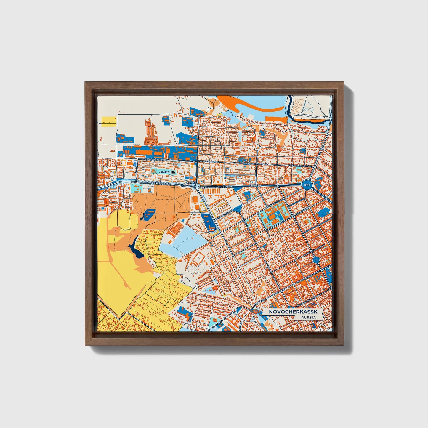 Новочеркасске Russia Colorful City Map Canvas Print • Dark Wooden Framed