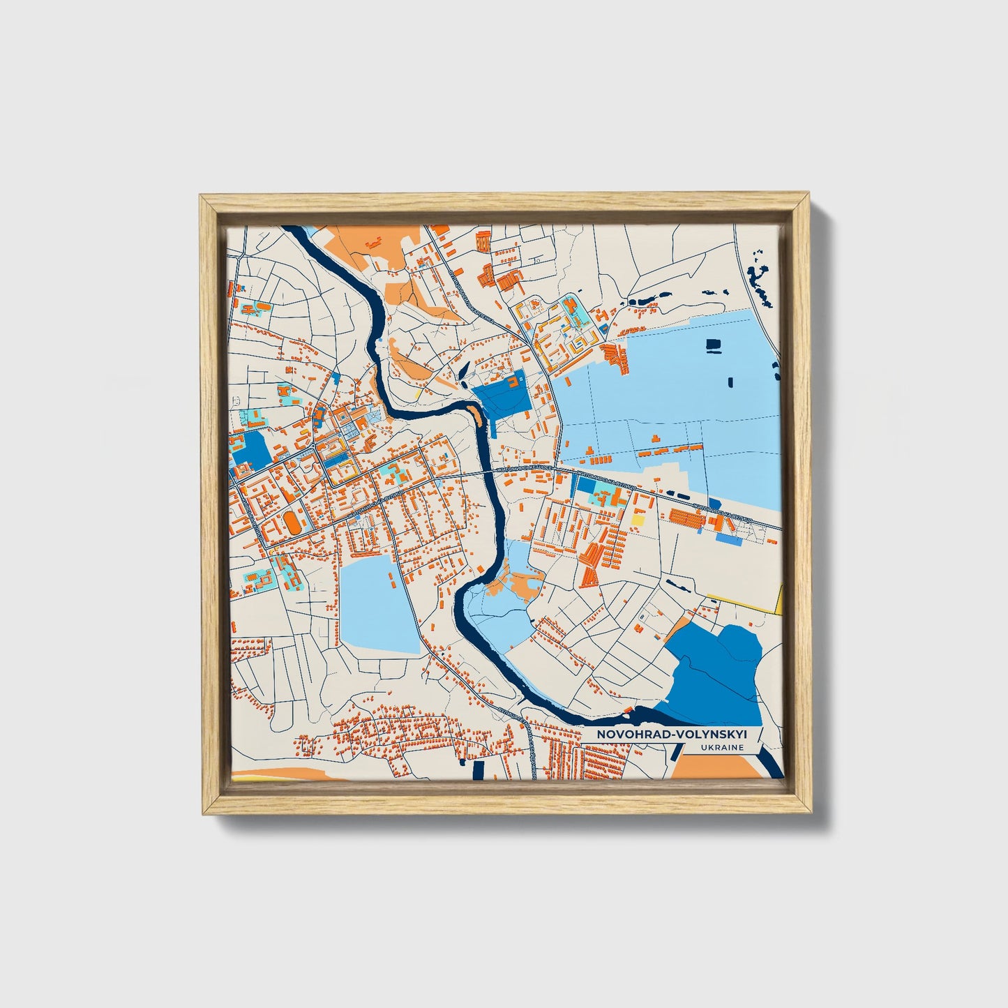Новоград-Волинський Ukraine Colorful City Map Canvas Print • Natural Wooden Framed