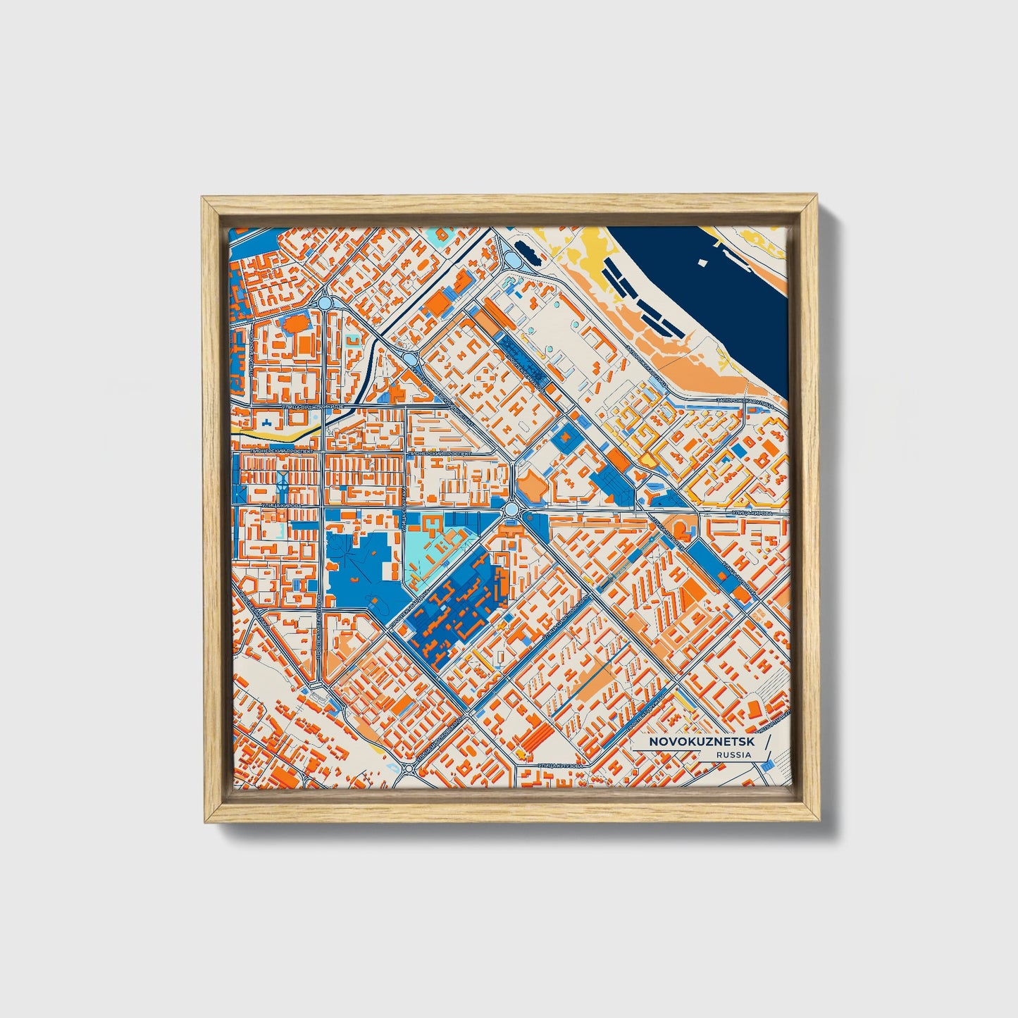 Новокузнецк Russia Colorful City Map Canvas Print • Natural Wooden Framed