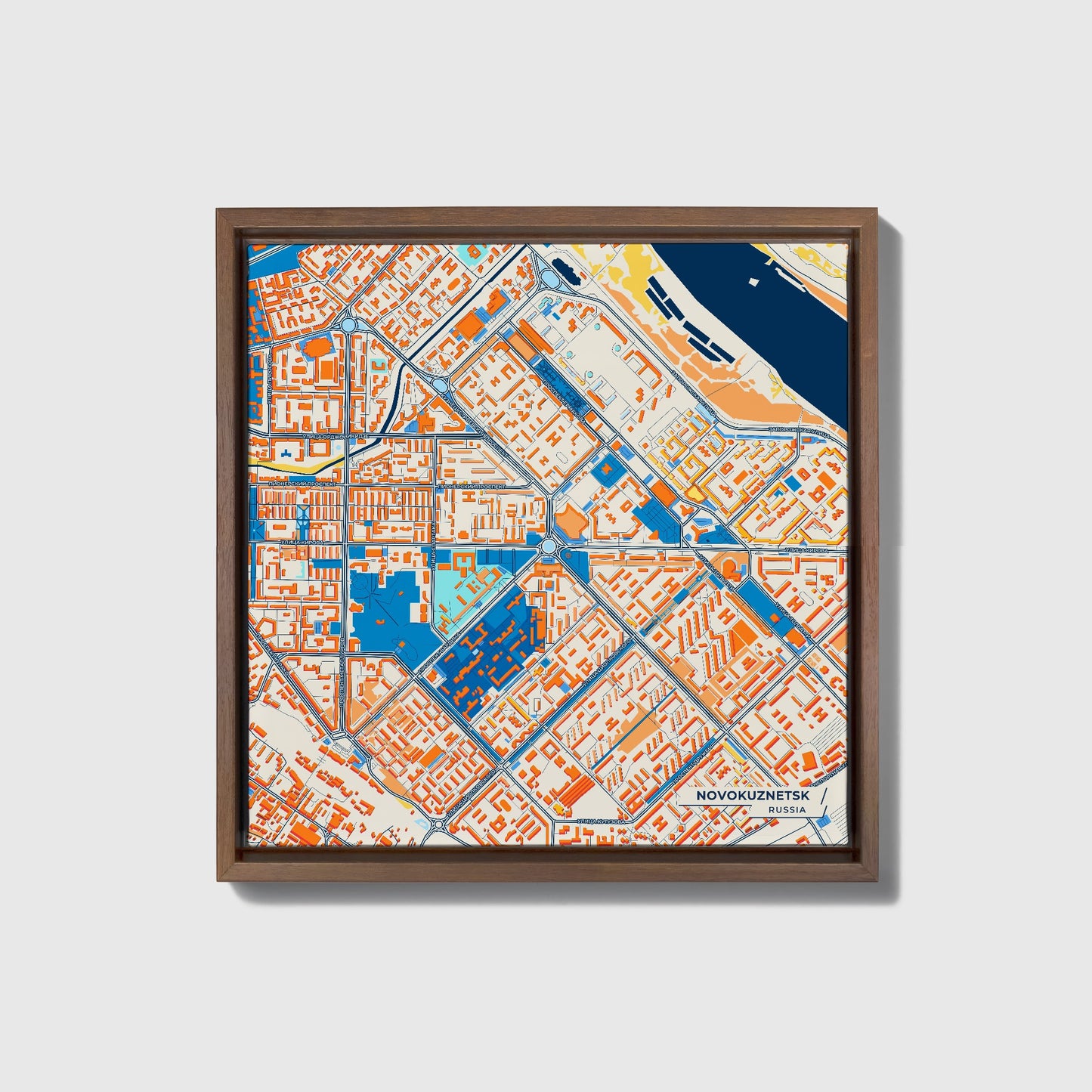 Новокузнецк Russia Colorful City Map Canvas Print • Dark Wooden Framed