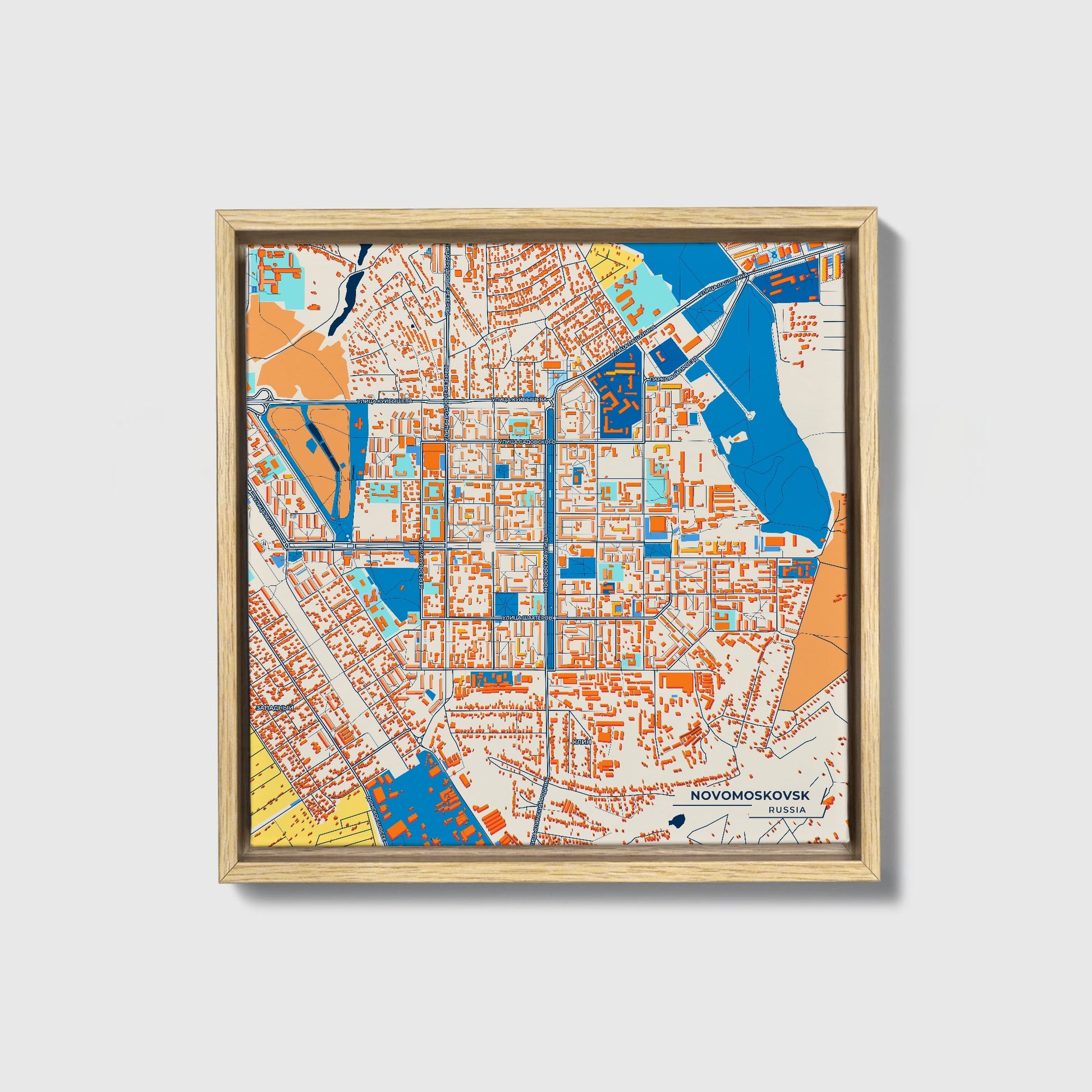 Новомосковск Russia Colorful City Map Canvas Print • Natural Wooden Framed