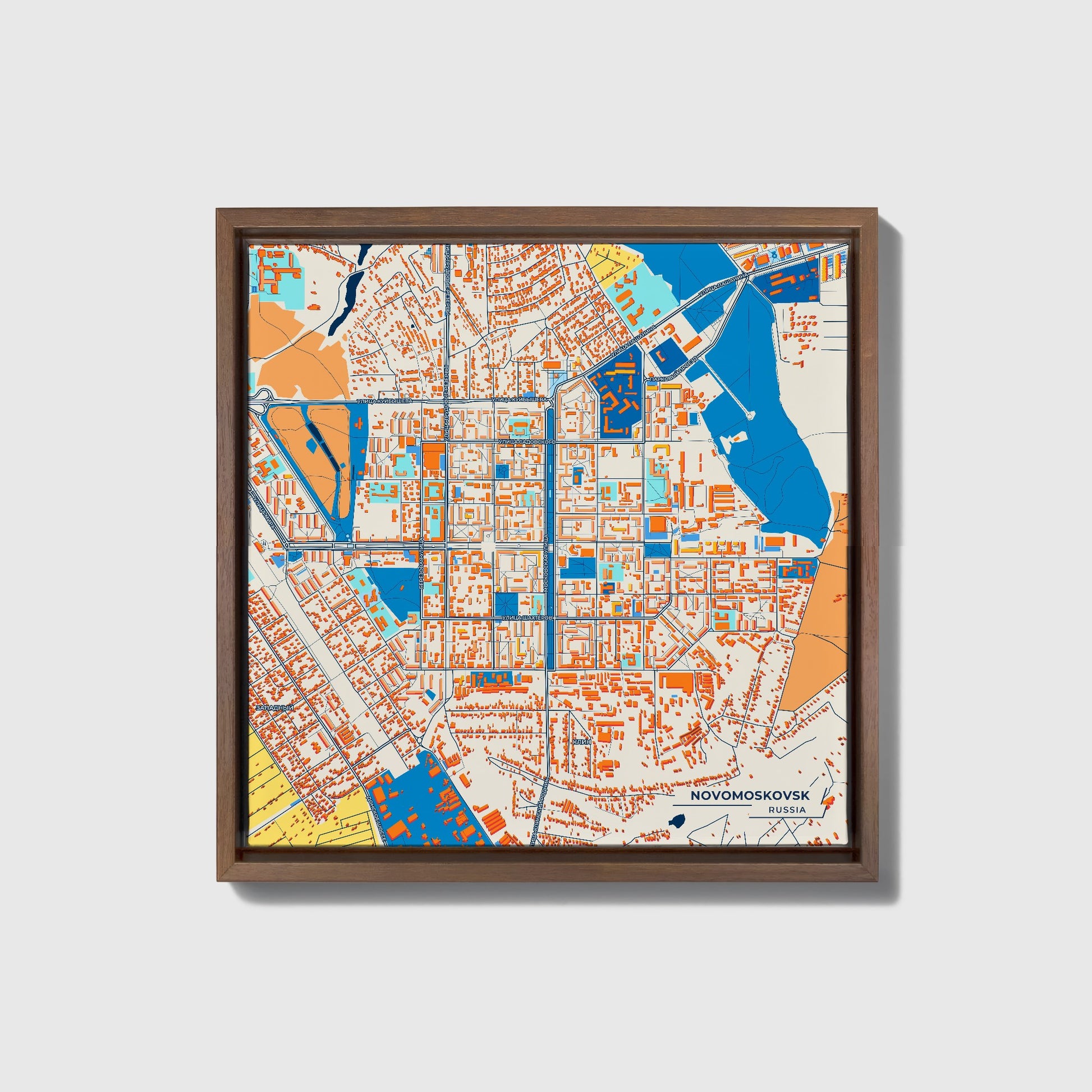 Новомосковск Russia Colorful City Map Canvas Print • Dark Wooden Framed