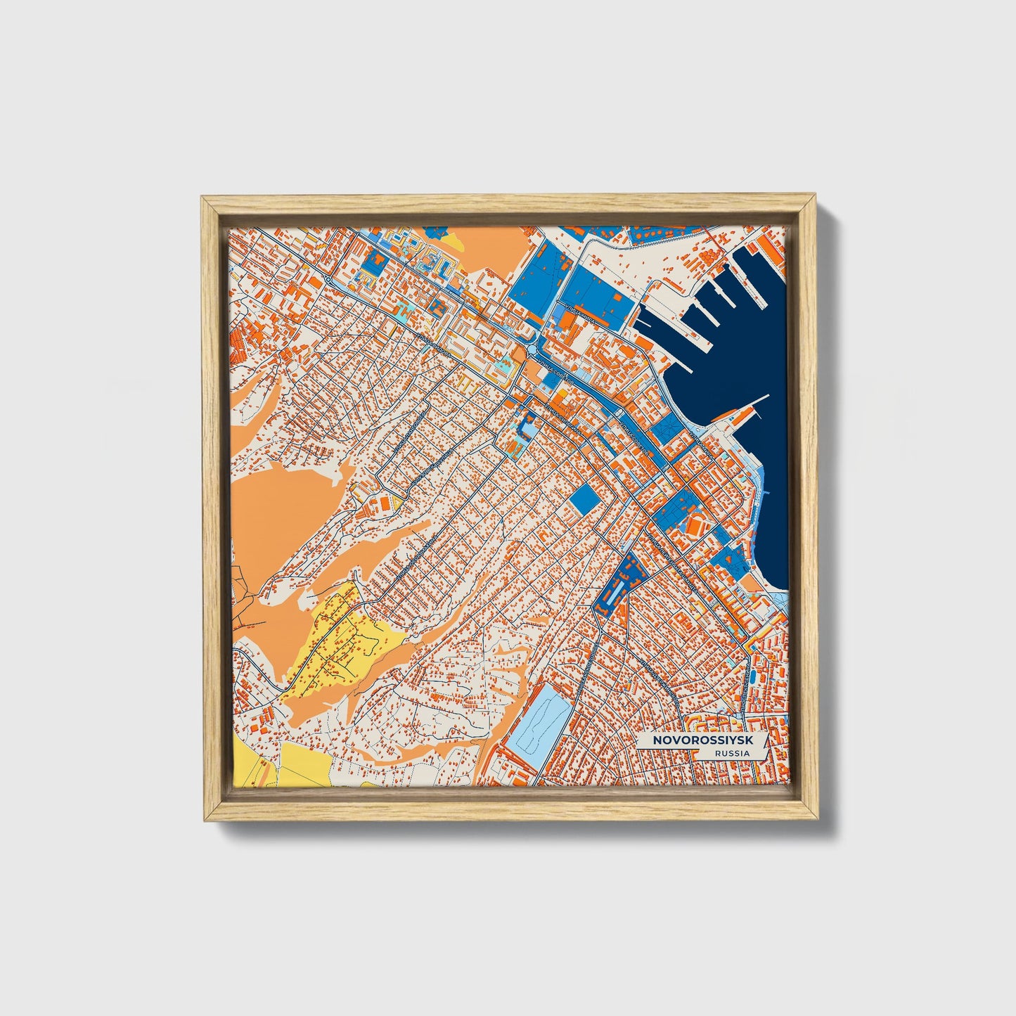 Новороссийский Russia Colorful City Map Canvas Print • Natural Wooden Framed