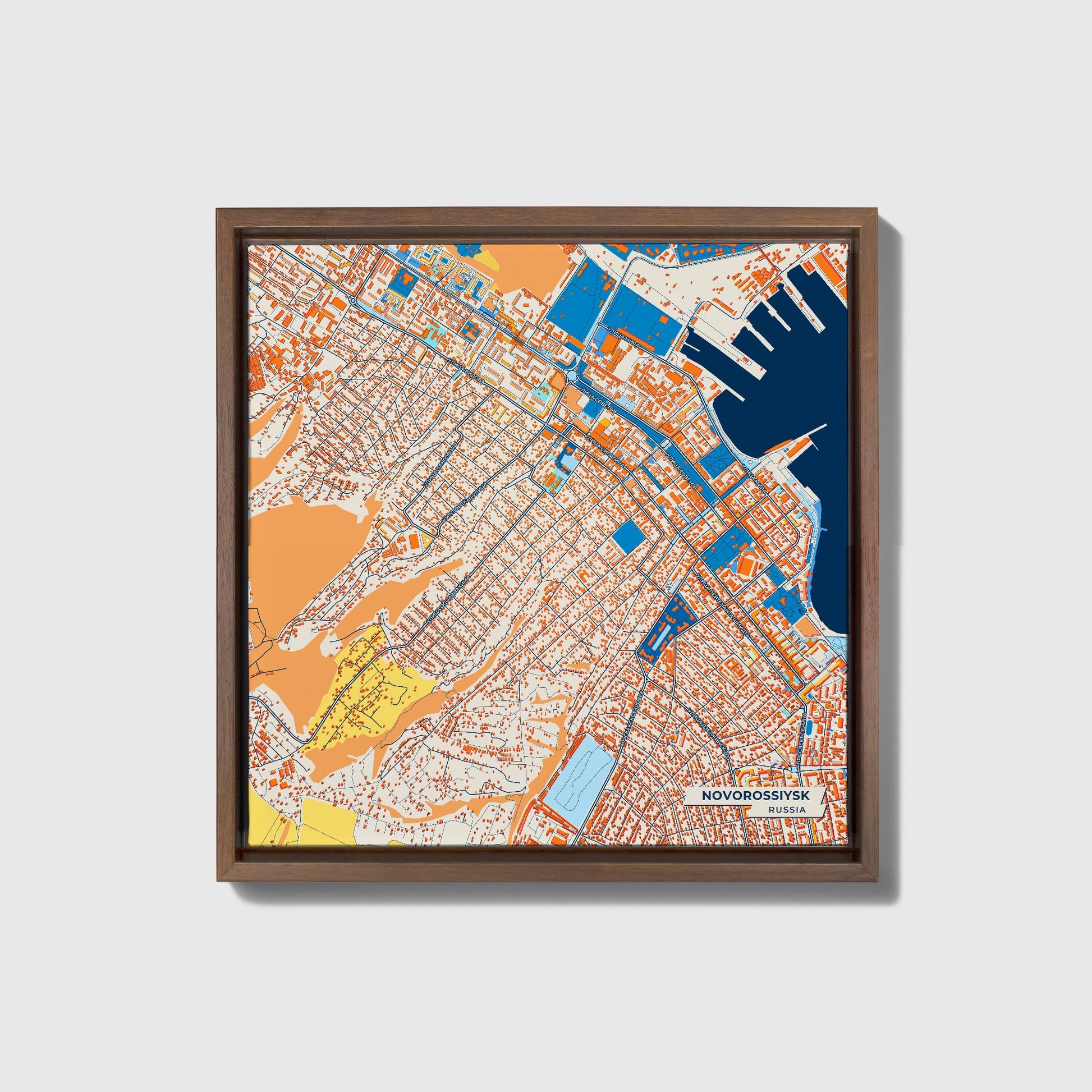 Новороссийский Russia Colorful City Map Canvas Print • Dark Wooden Framed