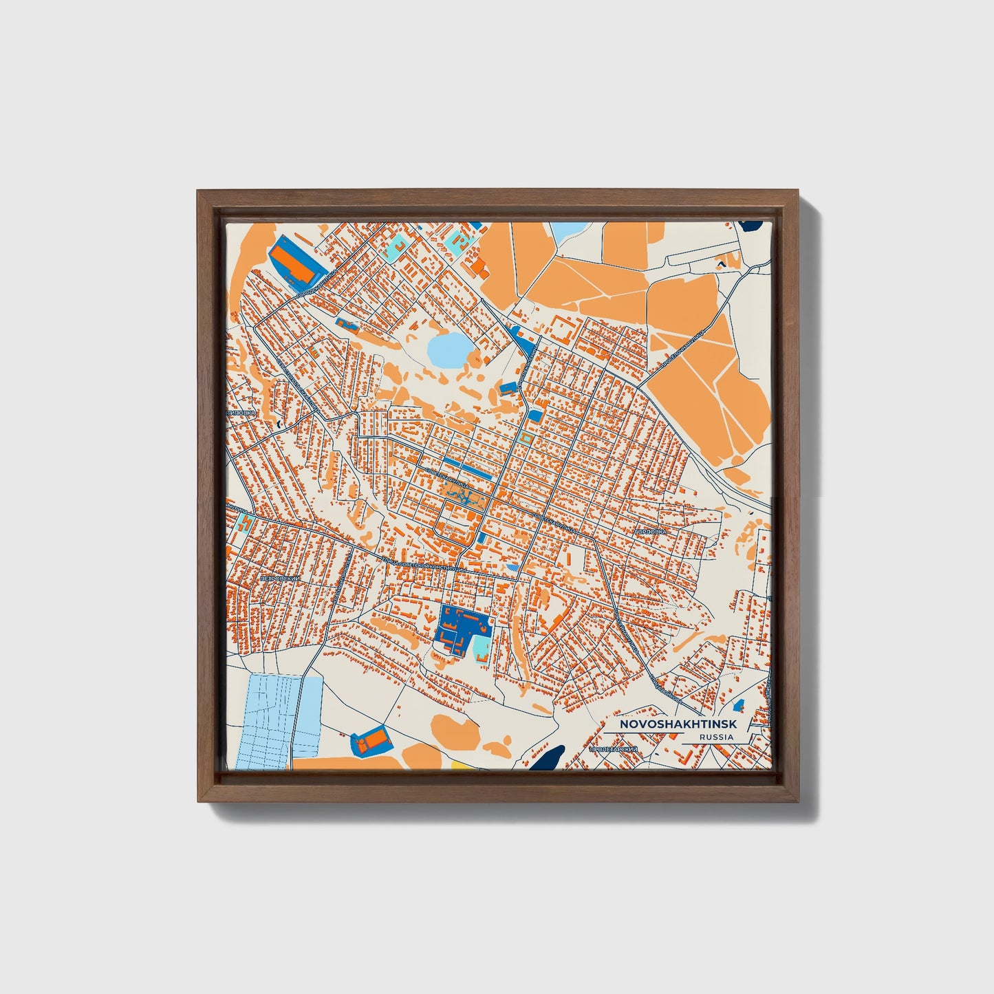 Новошахтинске Russia Colorful City Map Canvas Print • Dark Wooden Framed