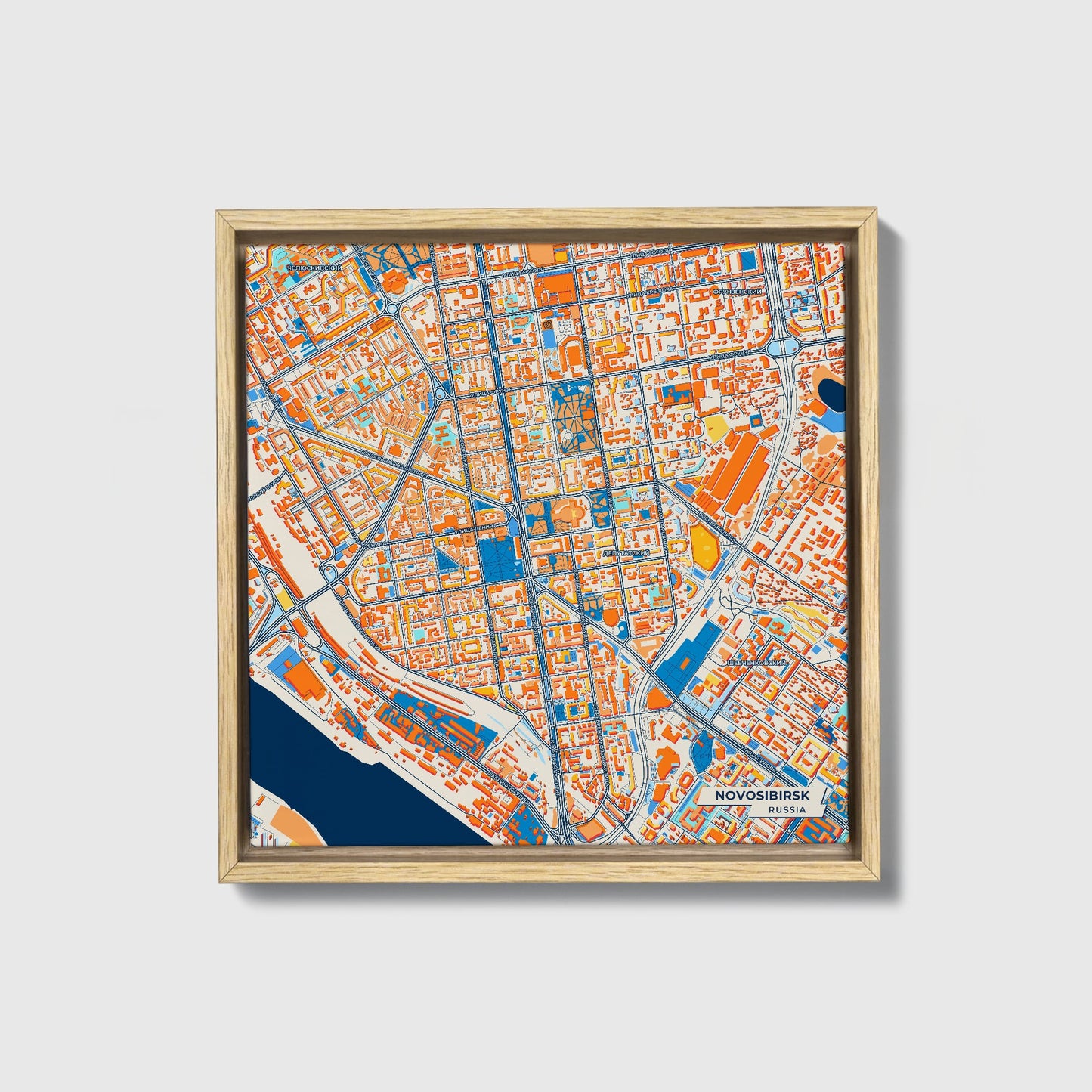 Новосибирск Russia Colorful City Map Canvas Print • Natural Wooden Framed