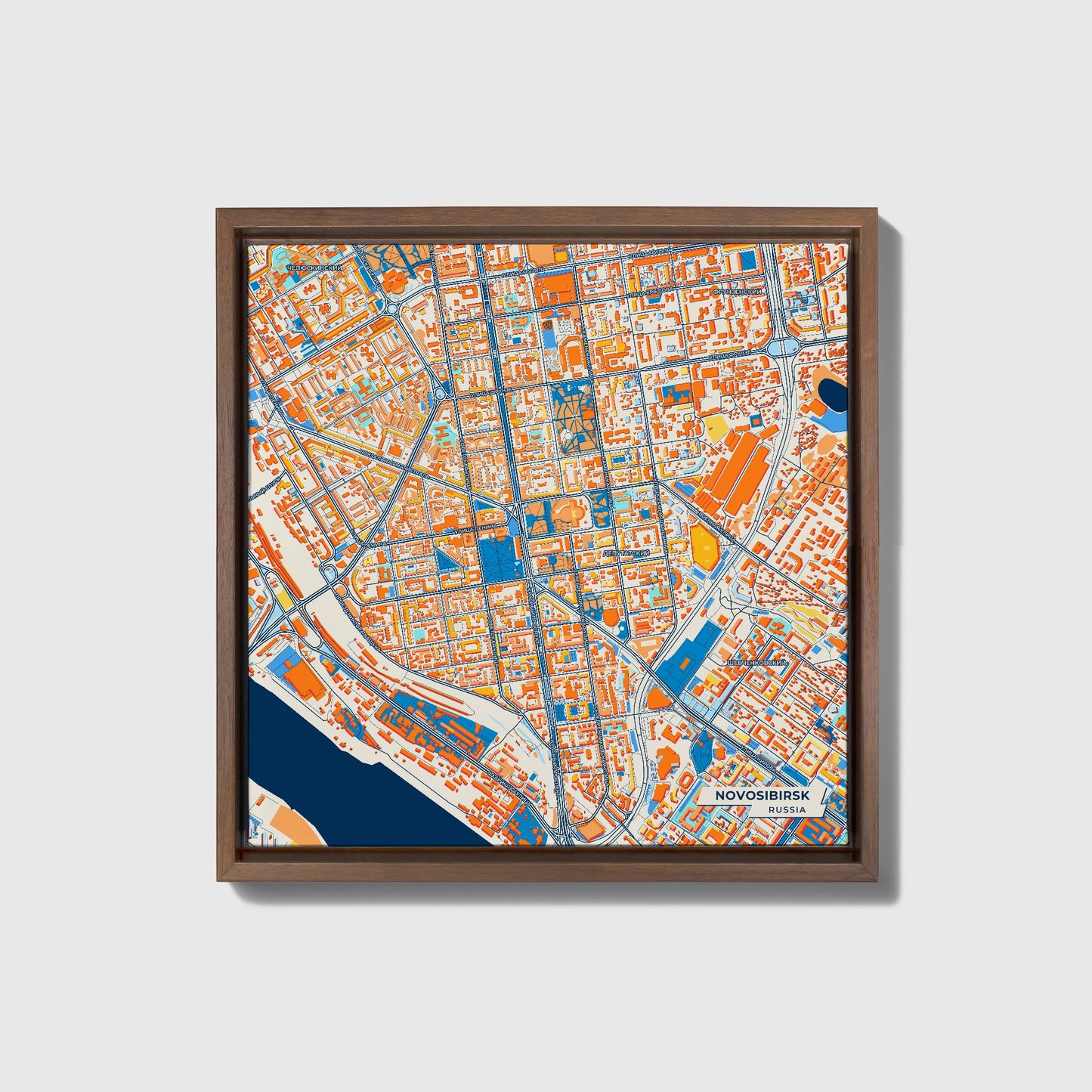Новосибирск Russia Colorful City Map Canvas Print • Dark Wooden Framed