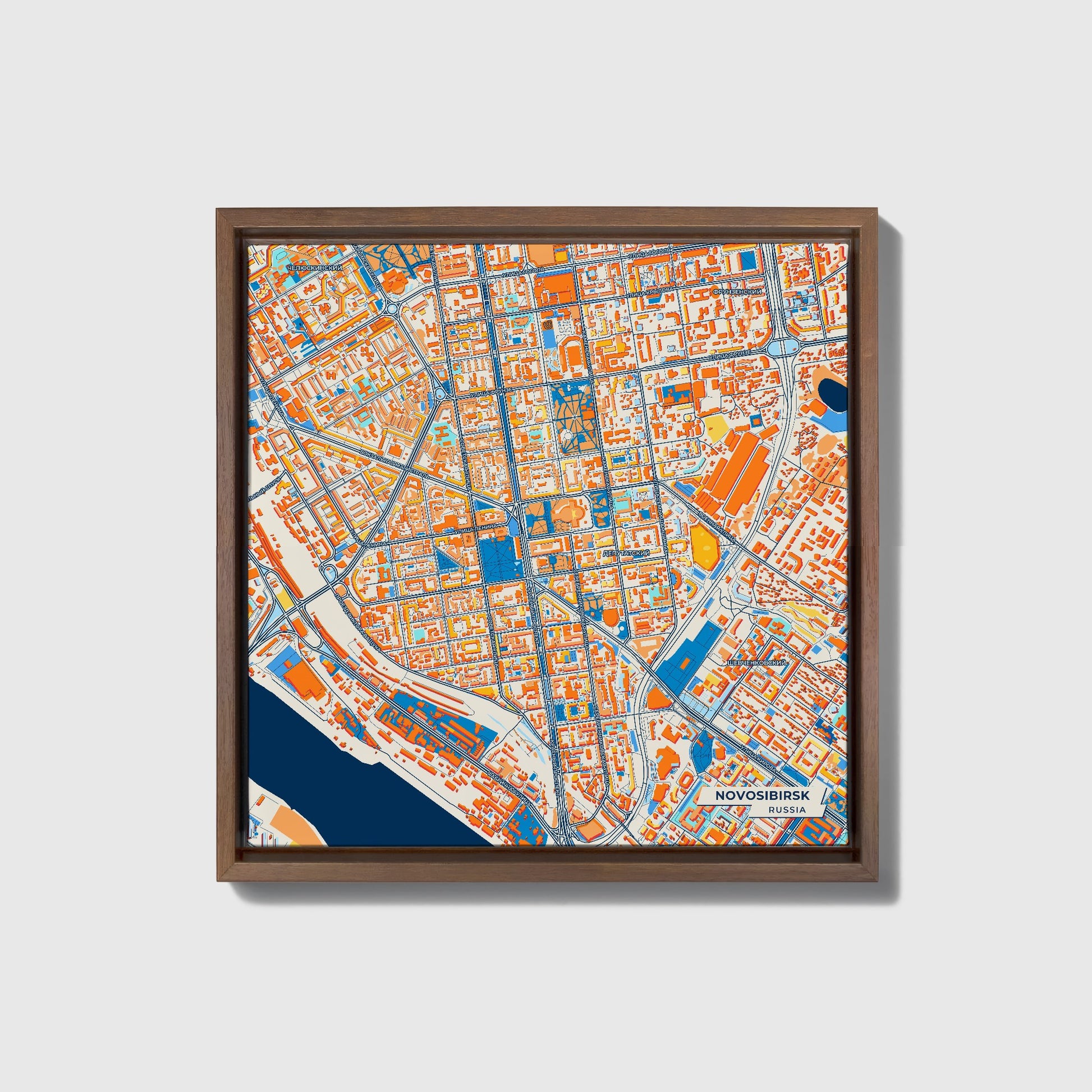 Новосибирск Russia Colorful City Map Canvas Print • Dark Wooden Framed