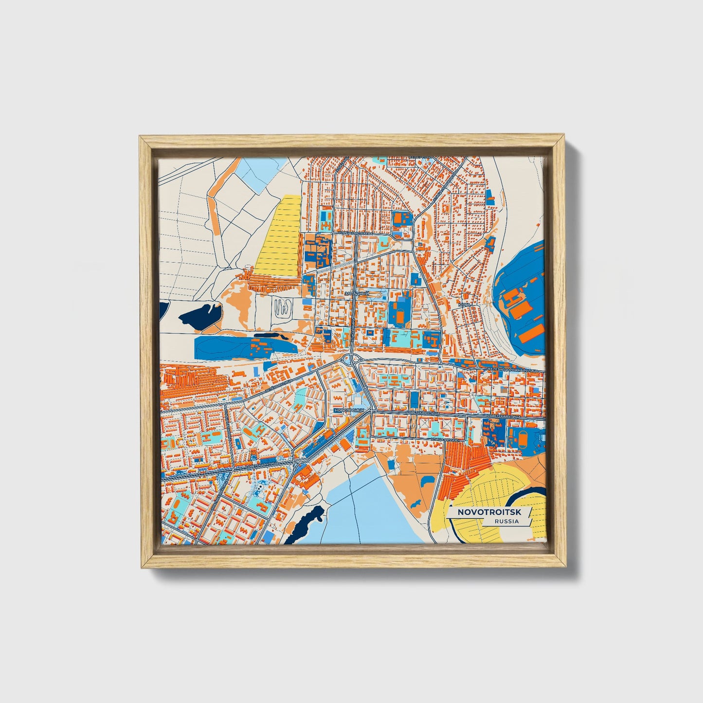 Новотроицк Russia Colorful City Map Canvas Print • Natural Wooden Framed