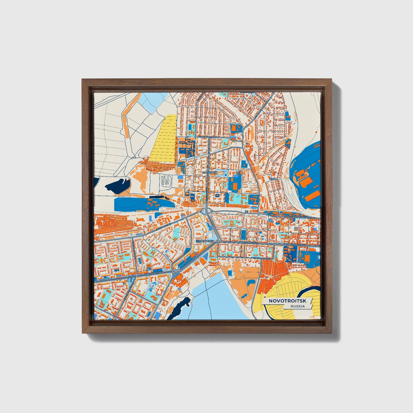 Новотроицк Russia Colorful City Map Canvas Print • Dark Wooden Framed