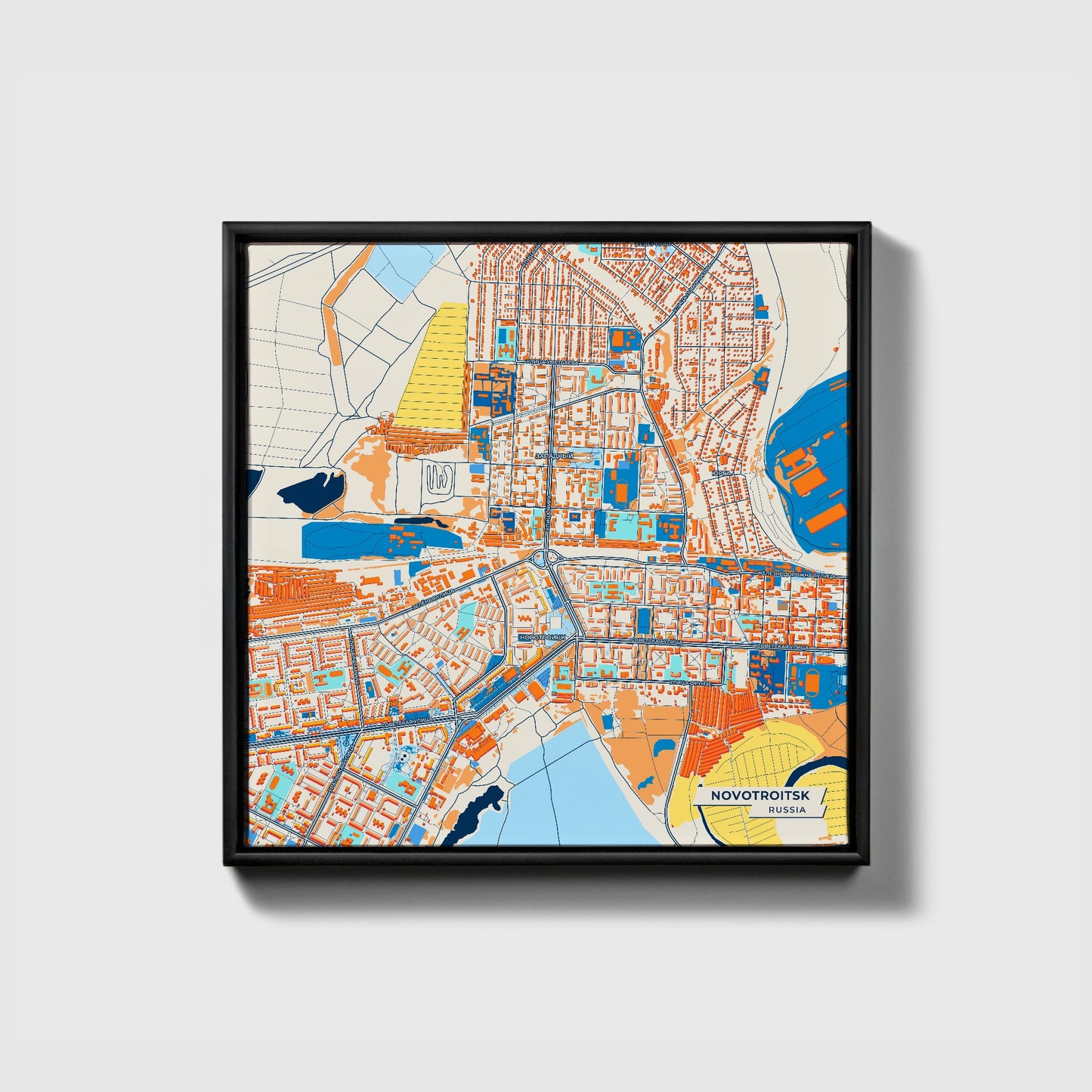Новотроицк Russia Colorful City Map Canvas Print • Black Framed