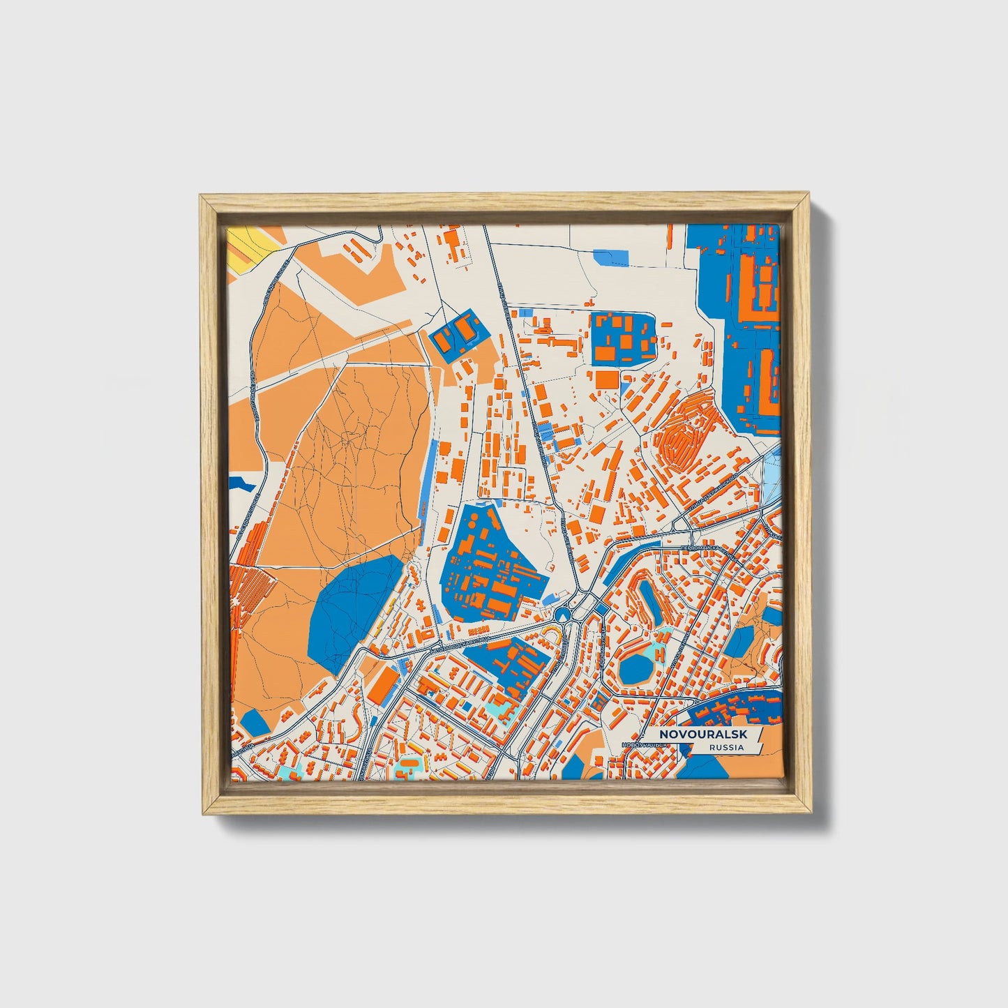 Новоуральск Russia Colorful City Map Canvas Print • Natural Wooden Framed