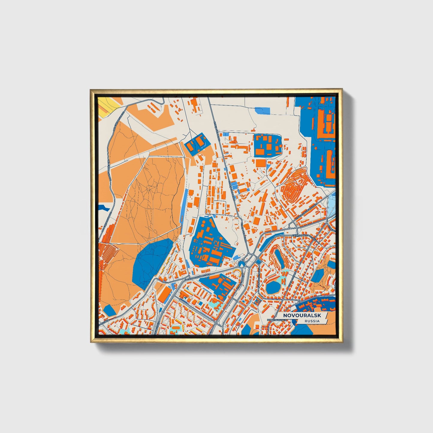 Новоуральск Russia Colorful City Map Canvas Print • Gold Framed