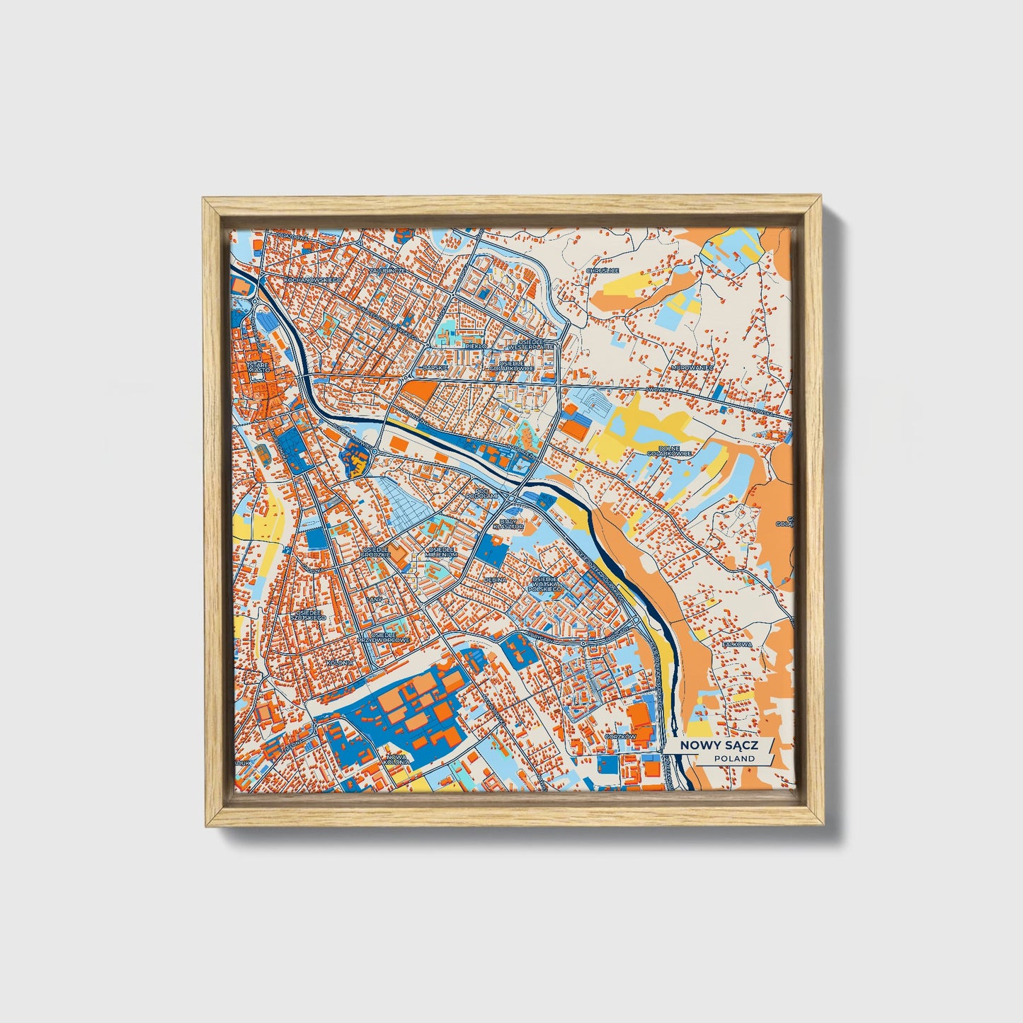 Nowy Sącz Poland Colorful City Map Canvas Print • Natural Wooden Framed