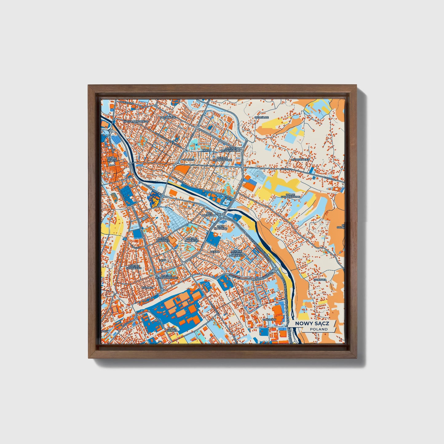 Nowy Sącz Poland Colorful City Map Canvas Print • Dark Wooden Framed