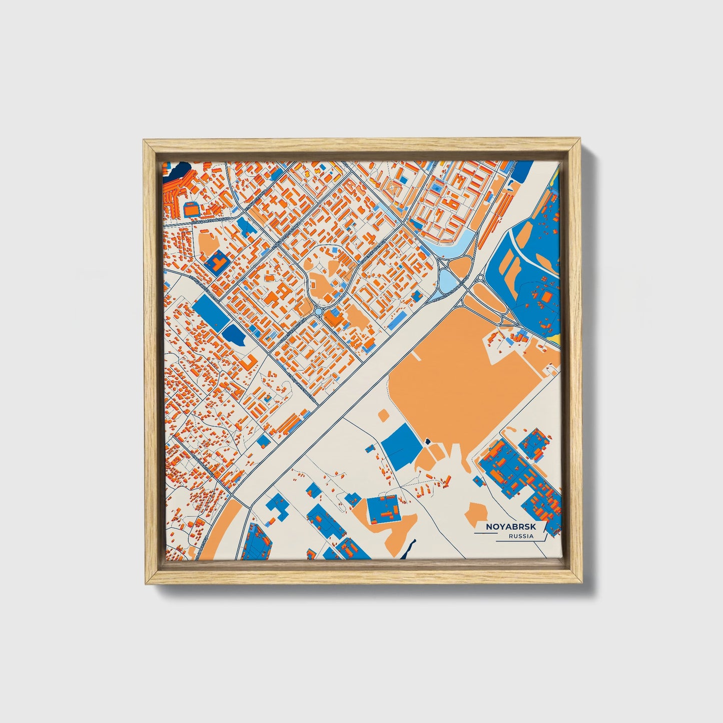 Ноябрьск Russia Colorful City Map Canvas Print • Natural Wooden Framed