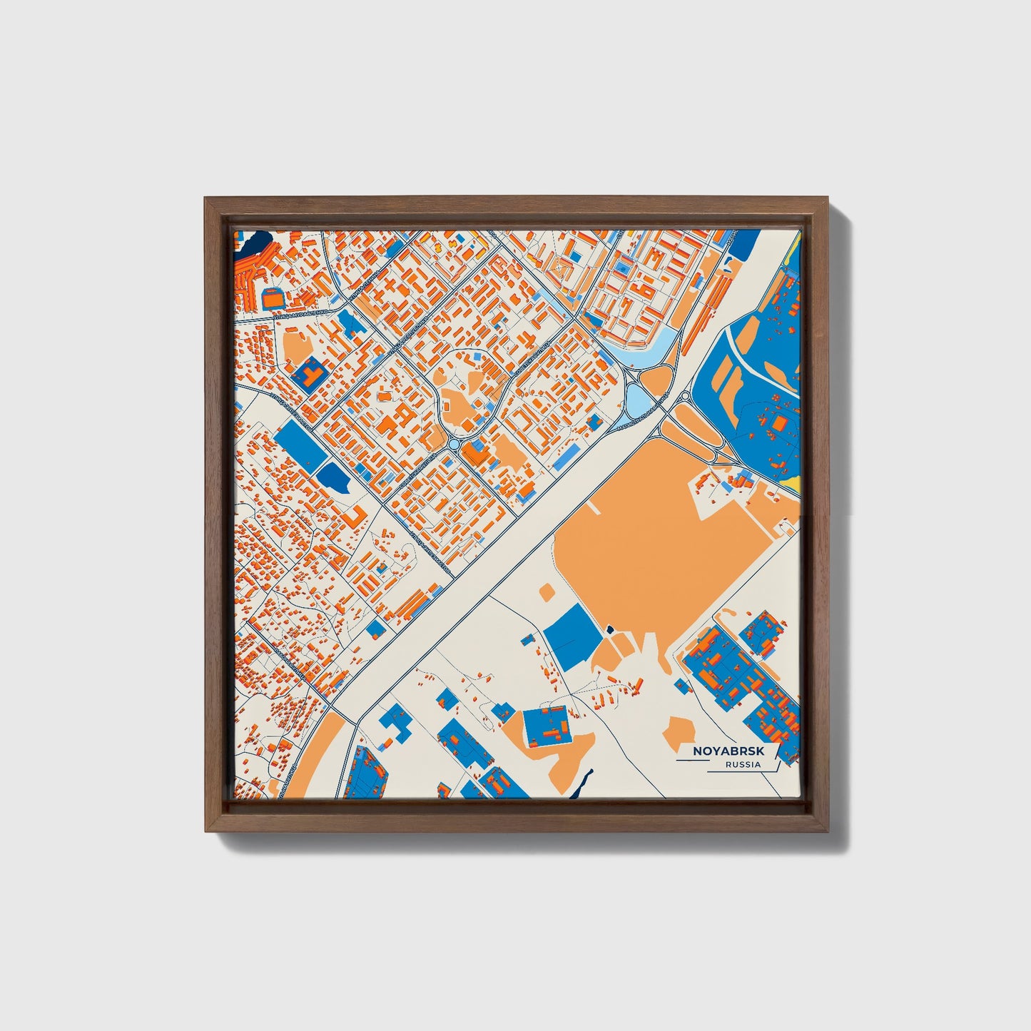 Ноябрьск Russia Colorful City Map Canvas Print • Dark Wooden Framed
