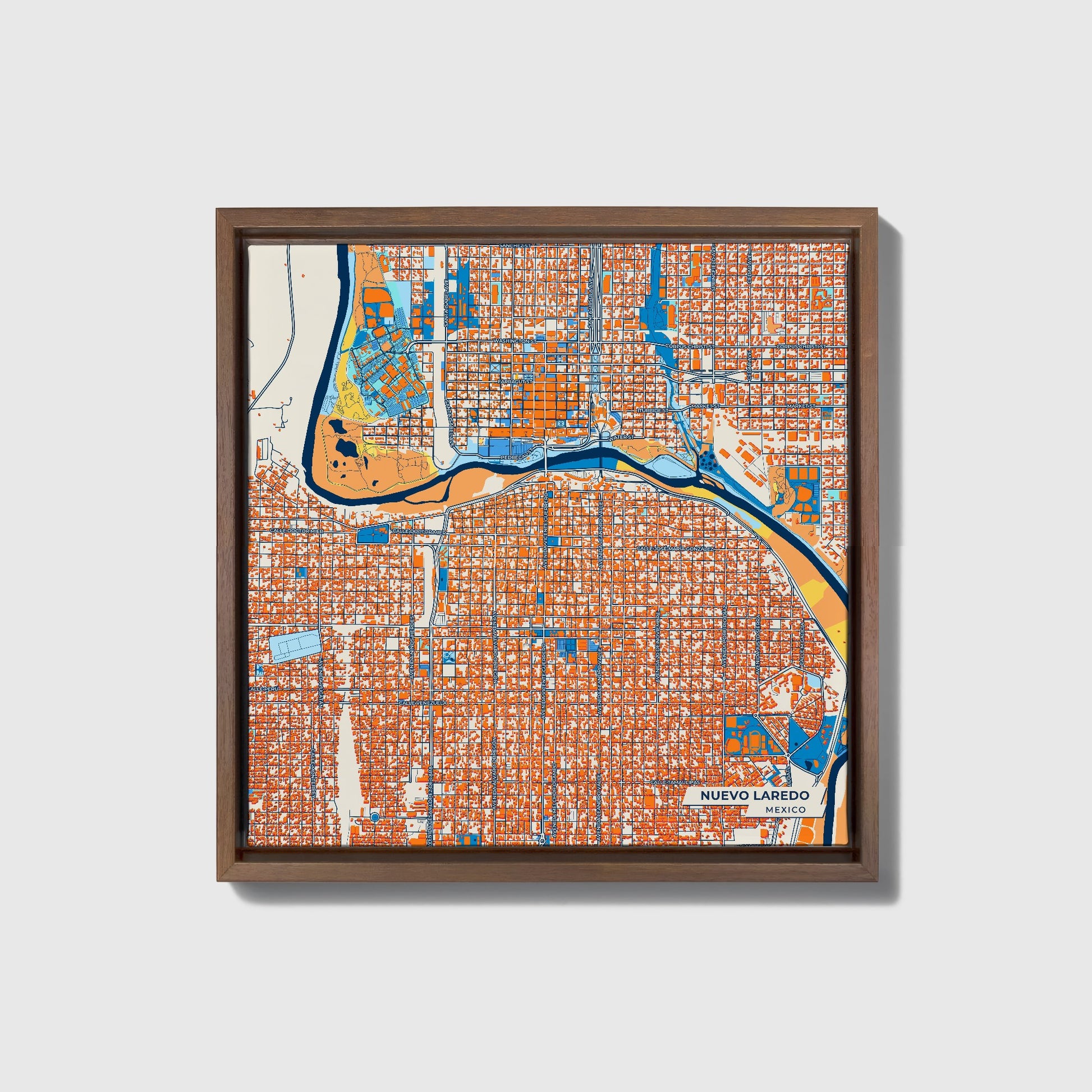 Nuevo Laredo Mexico Colorful City Map Canvas Print • Dark Wooden Framed