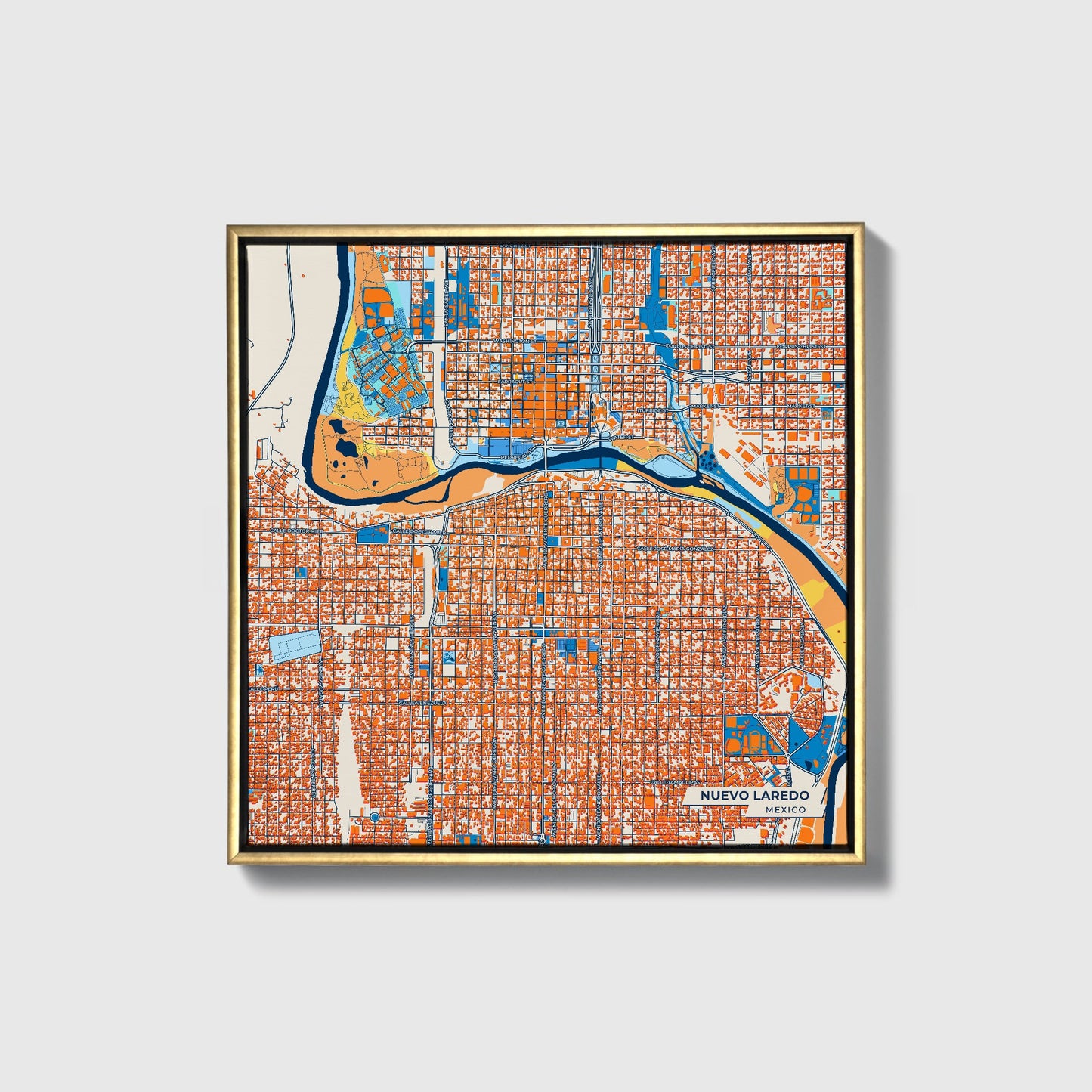 Nuevo Laredo Mexico Colorful City Map Canvas Print • Gold Framed