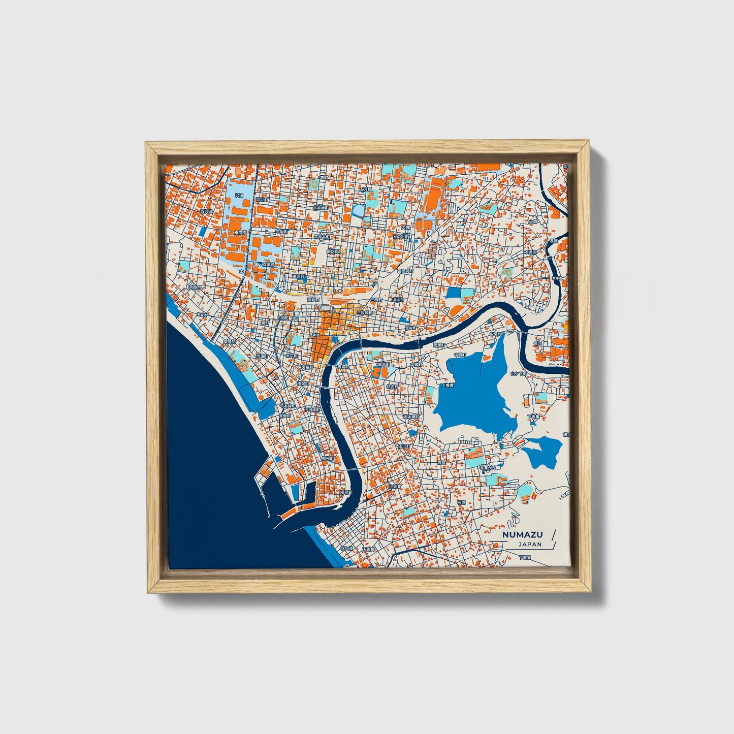 Numazu Japan Colorful City Map Canvas Print • Natural Wooden Framed