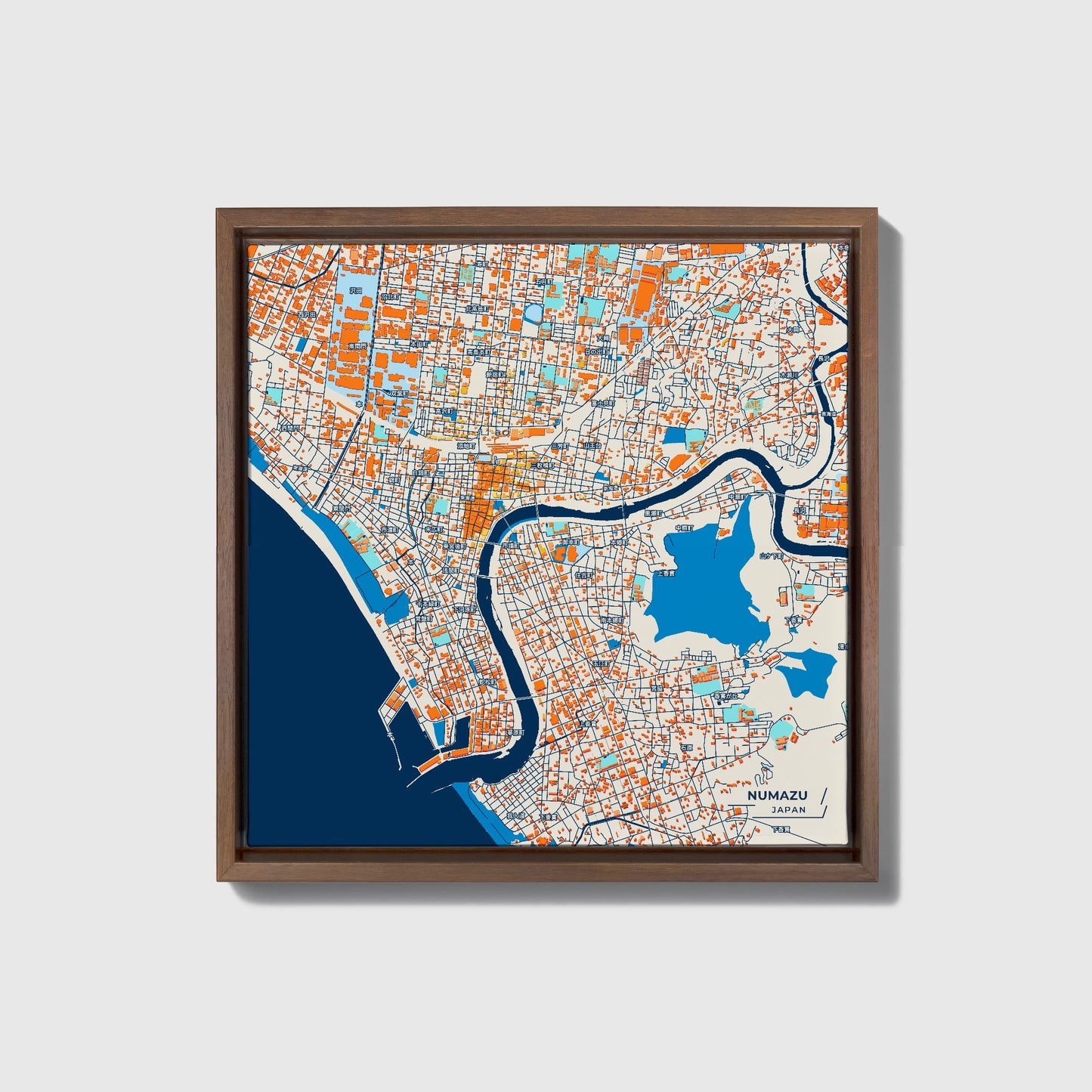 Numazu Japan Colorful City Map Canvas Print • Dark Wooden Framed