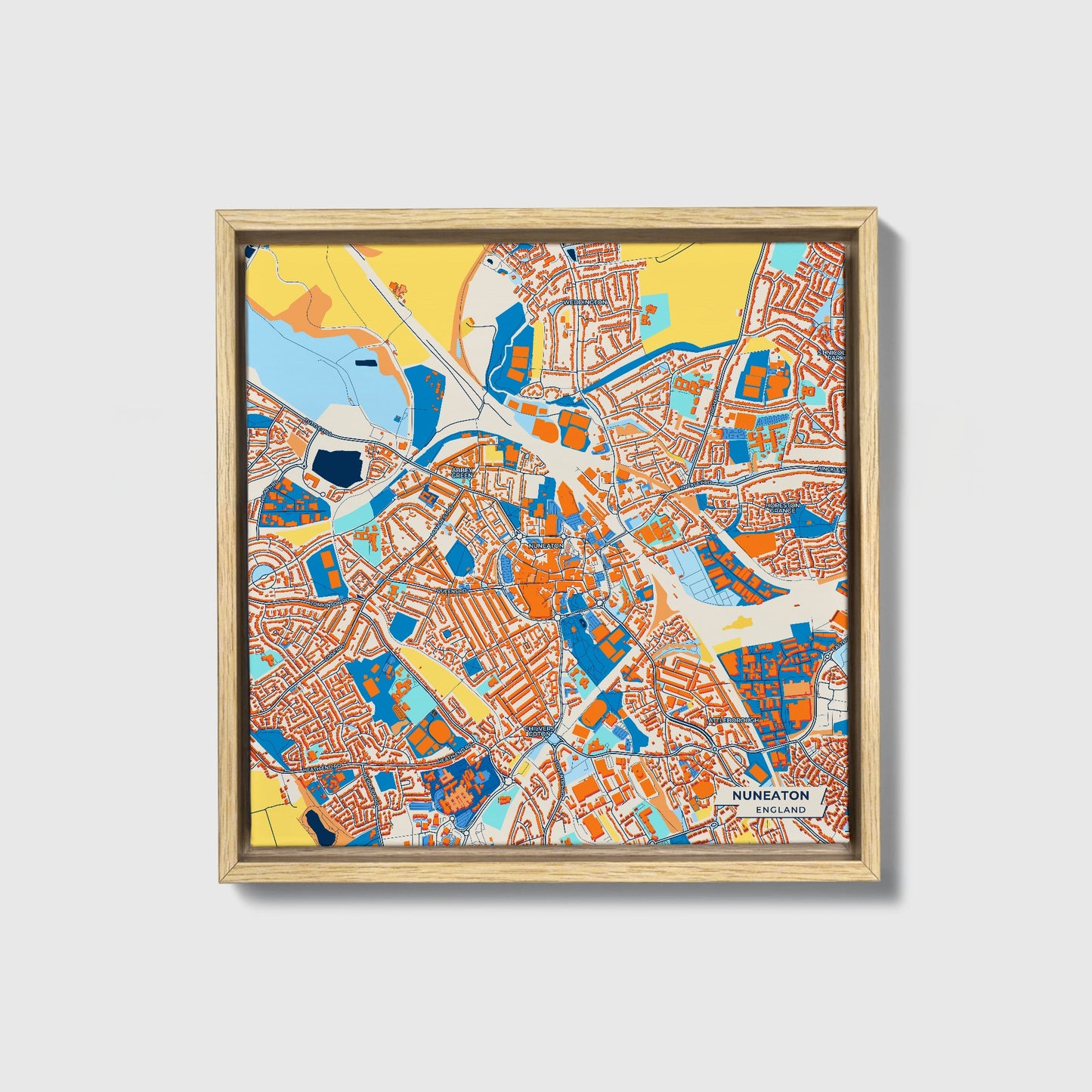 Nuneaton England Colorful City Map Canvas Print • Natural Wooden Framed