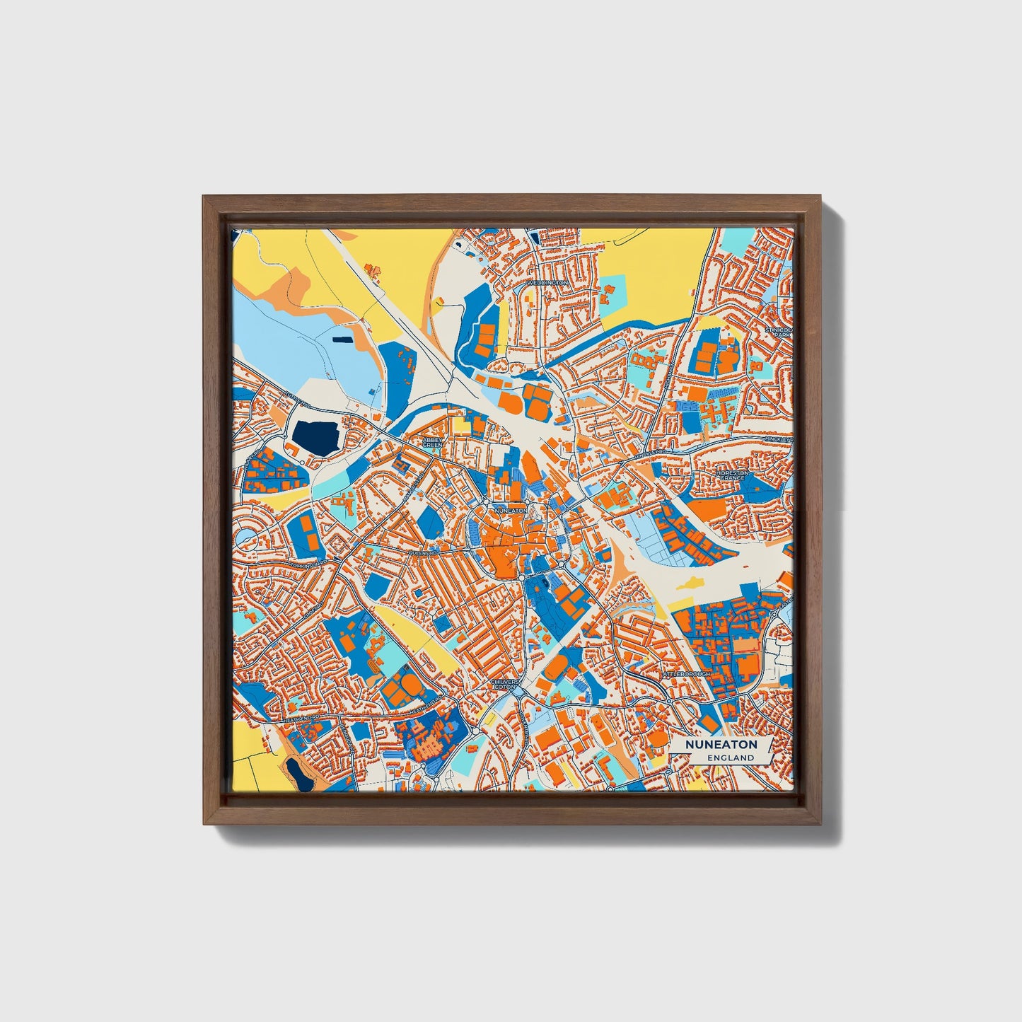 Nuneaton England Colorful City Map Canvas Print • Dark Wooden Framed