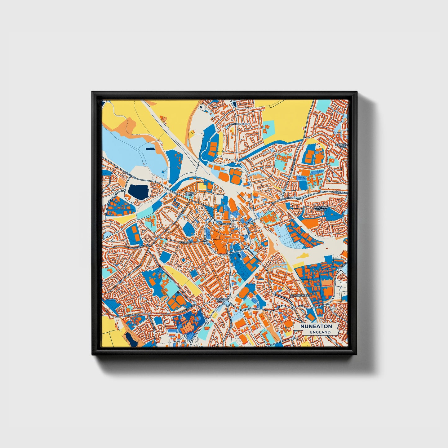 Nuneaton England Colorful City Map Canvas Print • Black Framed