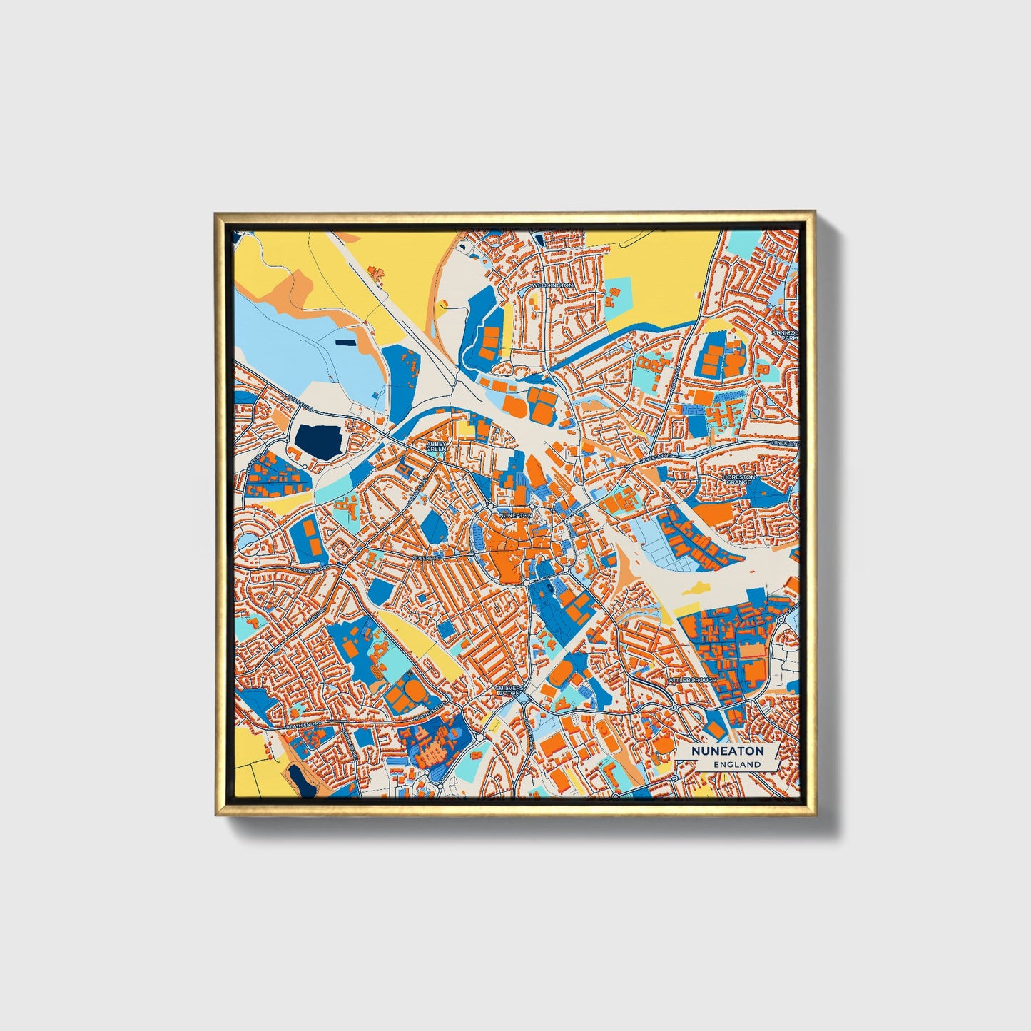 Nuneaton England Colorful City Map Canvas Print • Gold Framed