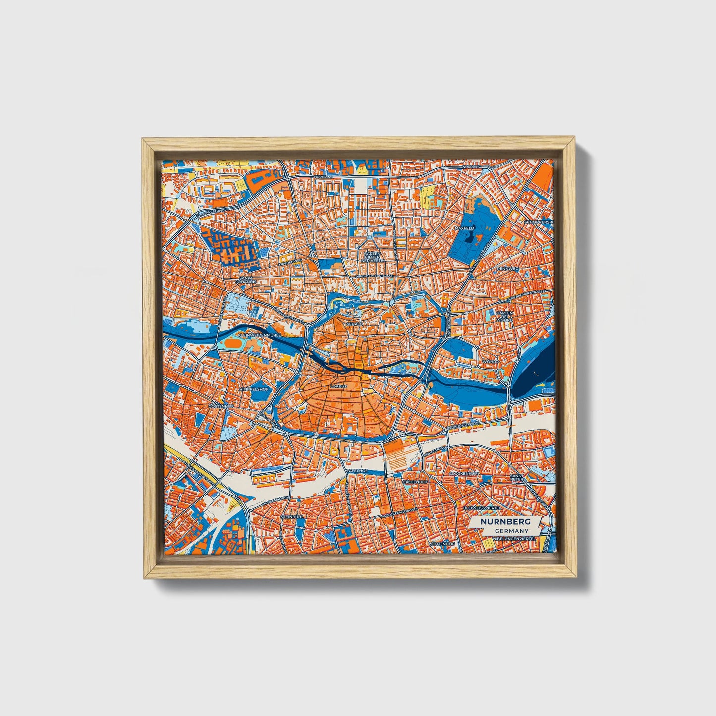Nürnberg Germany Colorful City Map Canvas Print • Natural Wooden Framed
