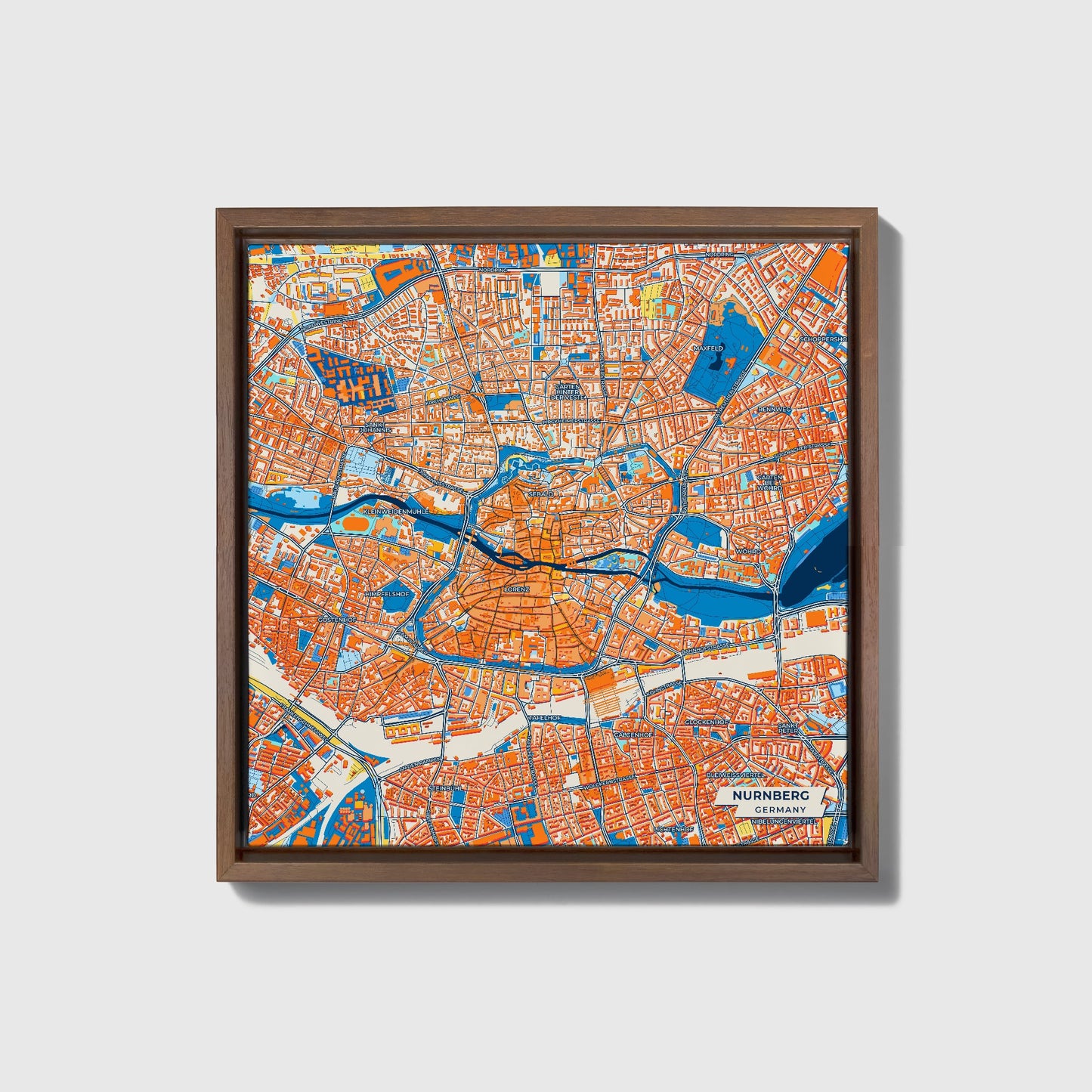 Nürnberg Germany Colorful City Map Canvas Print • Dark Wooden Framed