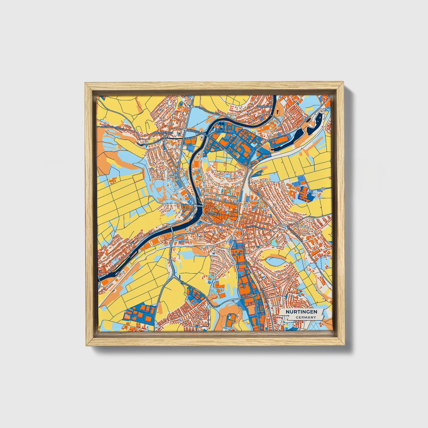 Nürtingen Germany Colorful City Map Canvas Print • Natural Wooden Framed