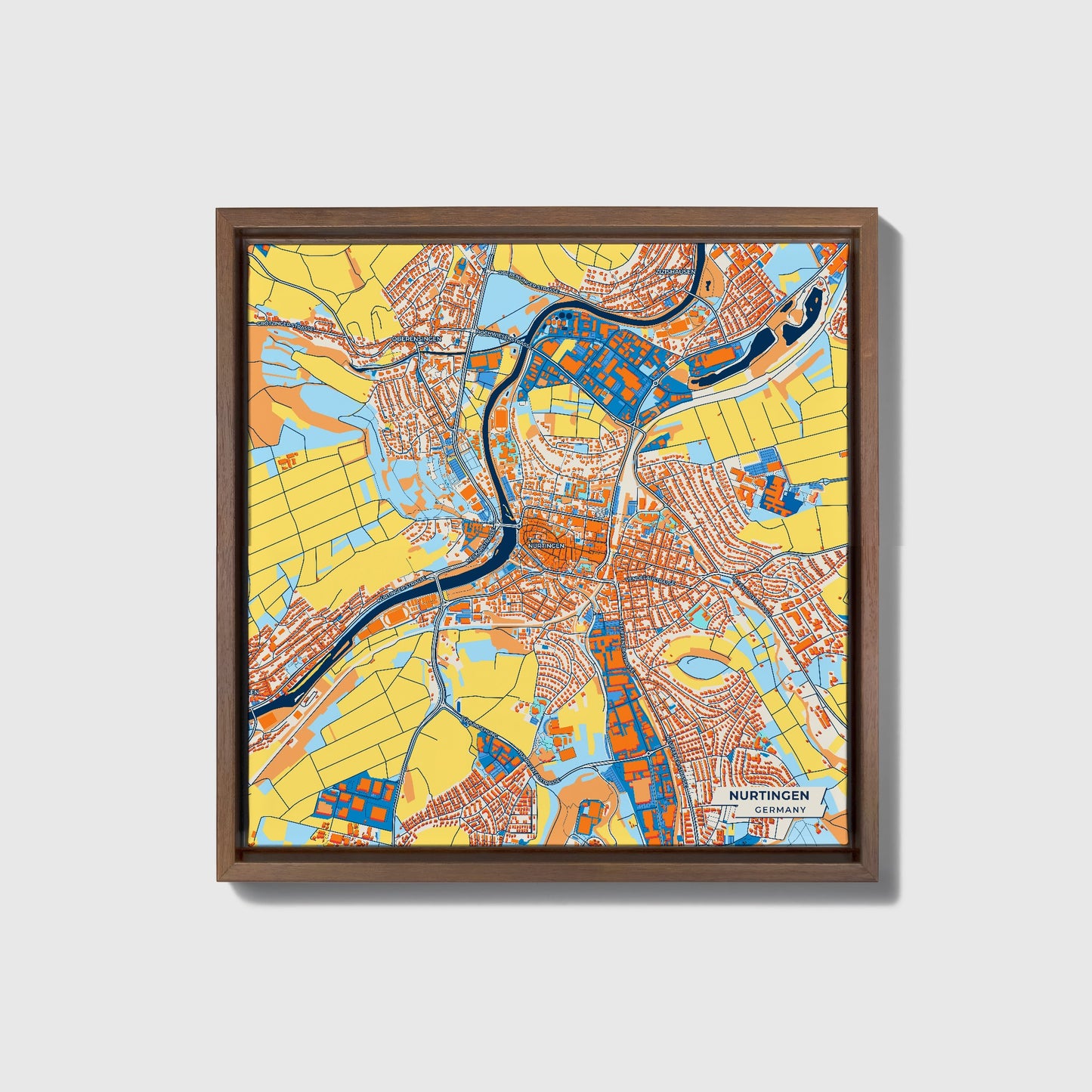 Nürtingen Germany Colorful City Map Canvas Print • Dark Wooden Framed