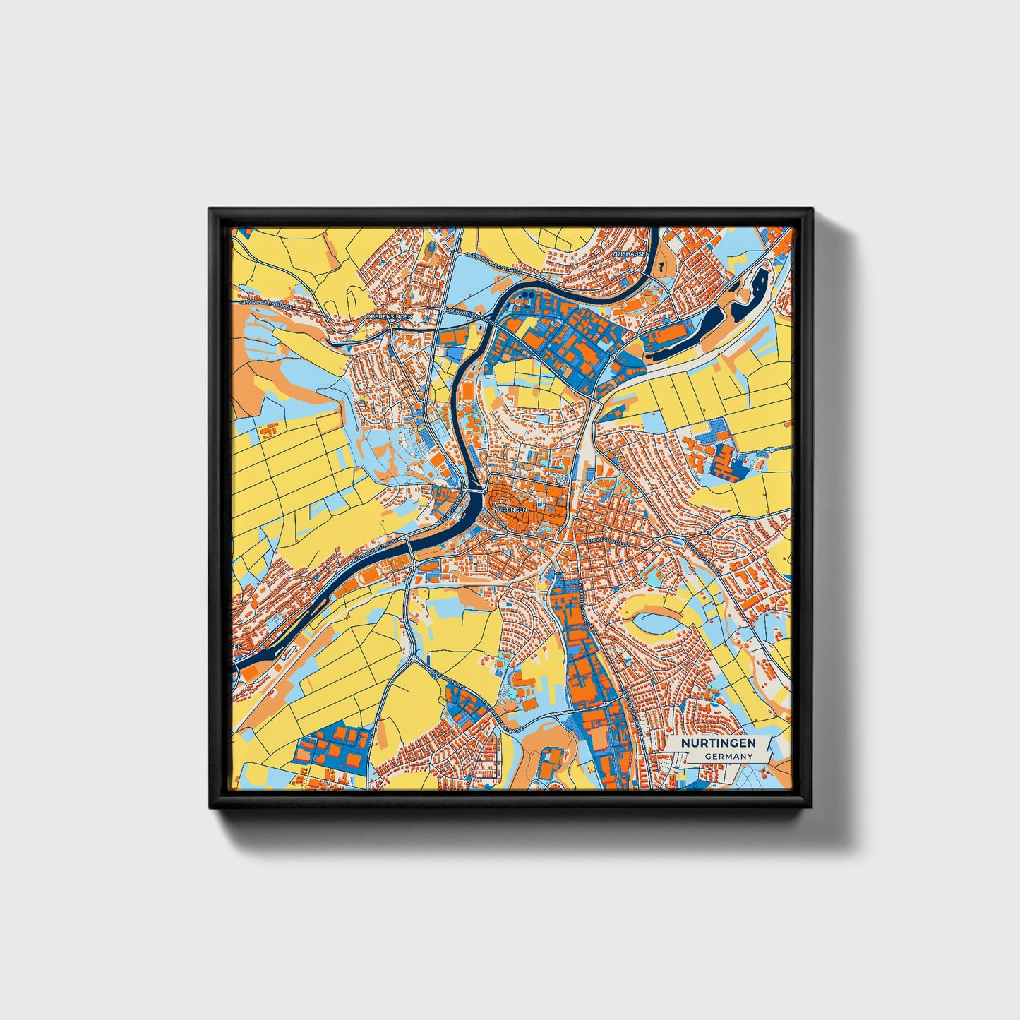 Nürtingen Germany Colorful City Map Canvas Print • Black Framed
