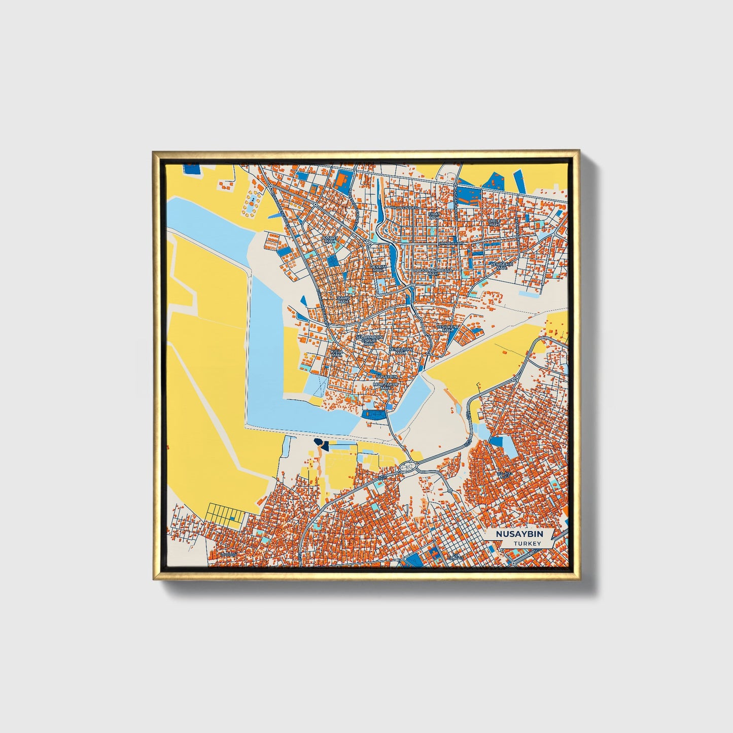 Nusaybin Turkey Colorful City Map Canvas Print • Gold Framed