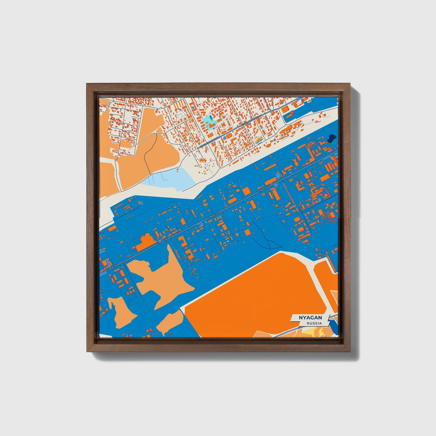 Нягань Russia Colorful City Map Canvas Print • Dark Wooden Framed