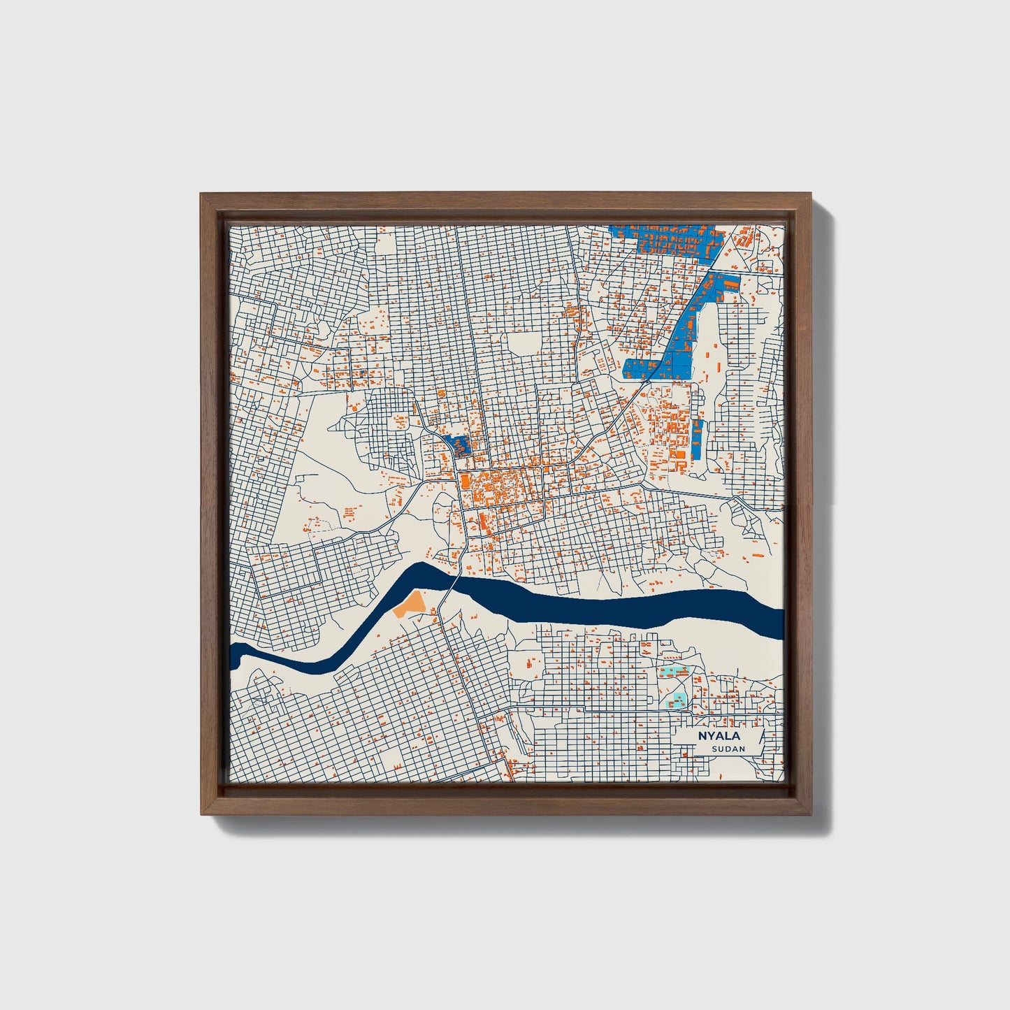 Nyala Sudan Colorful City Map Canvas Print • Dark Wooden Framed