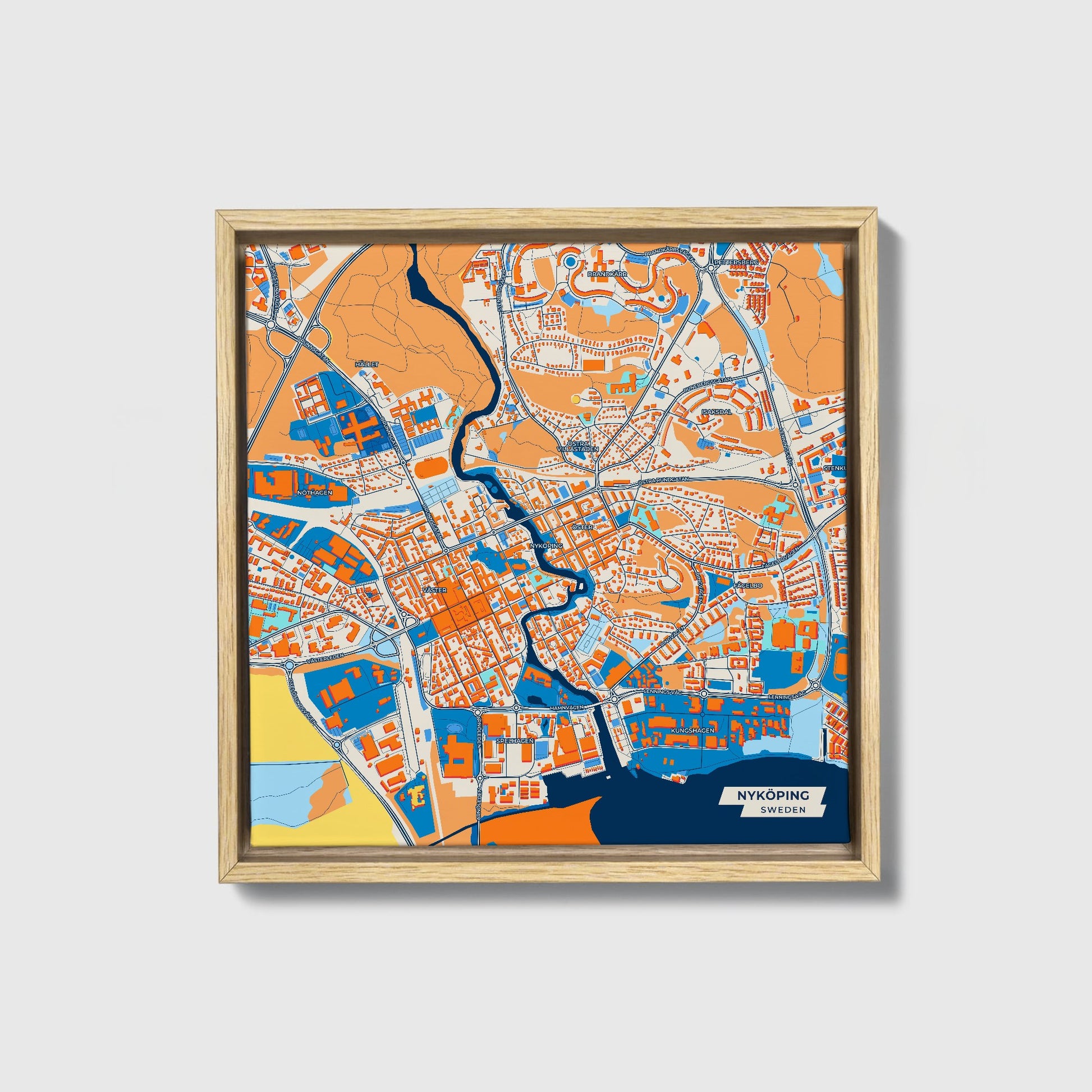 Nyköping Sweden Colorful City Map Canvas Print • Natural Wooden Framed