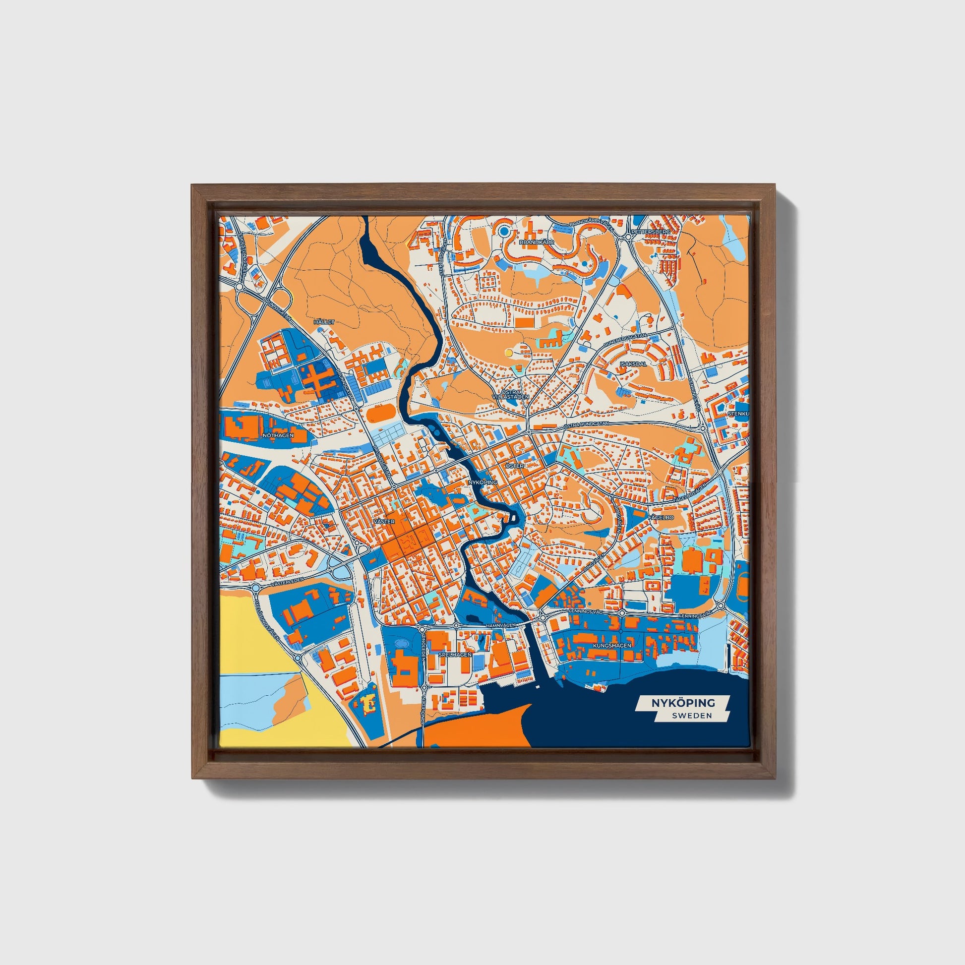 Nyköping Sweden Colorful City Map Canvas Print • Dark Wooden Framed