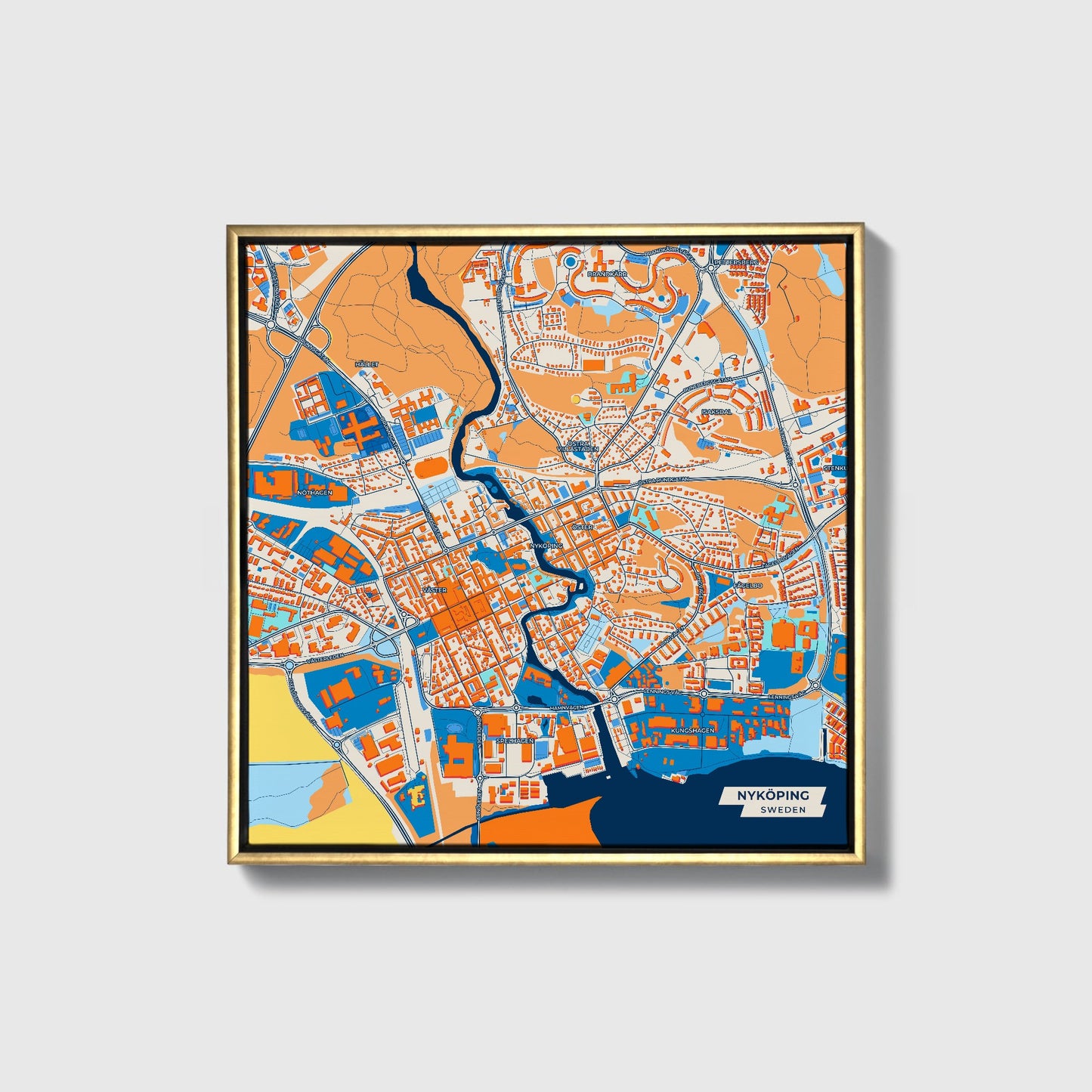 Nyköping Sweden Colorful City Map Canvas Print • Gold Framed