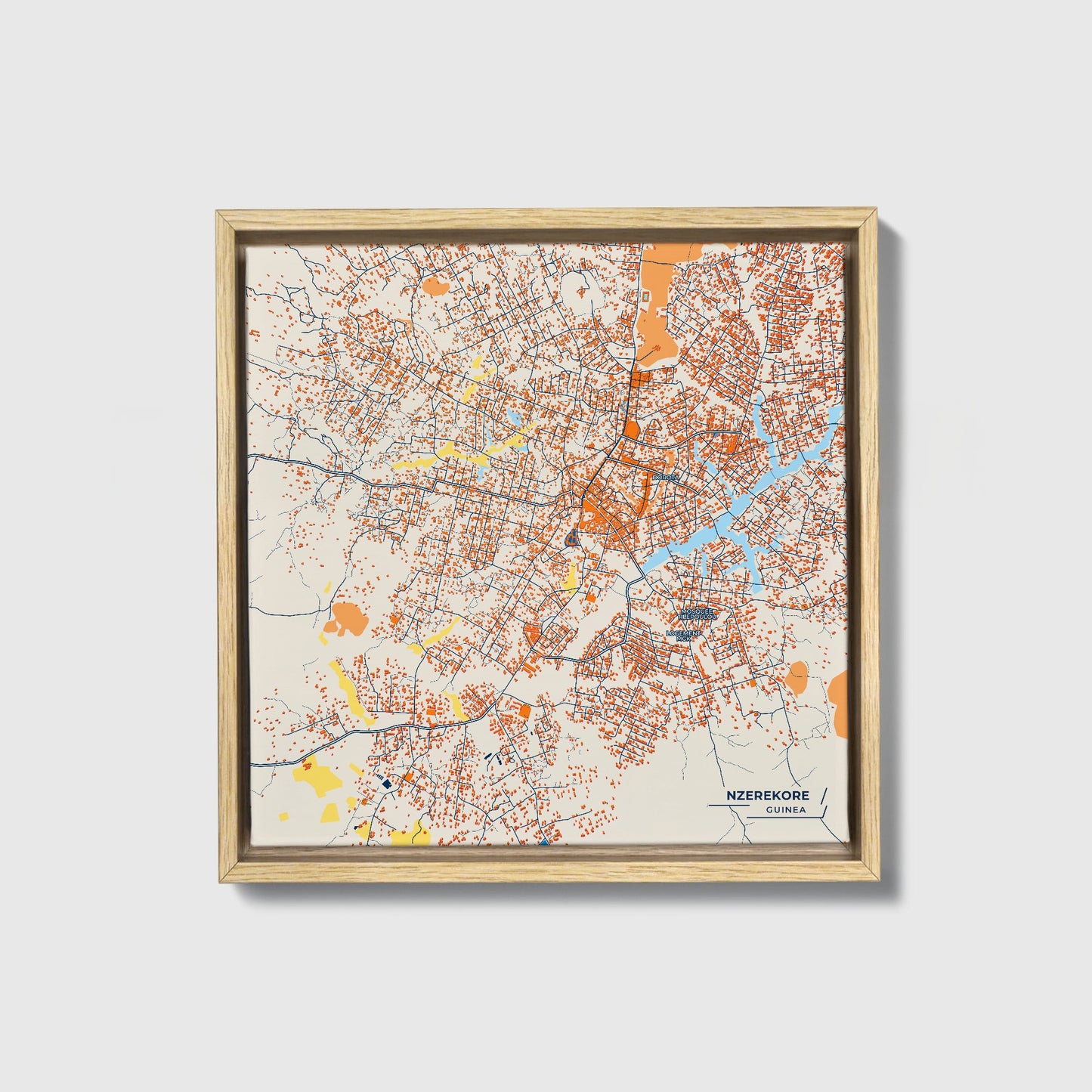 Nzerekore Guinea Colorful City Map Canvas Print • Natural Wooden Framed
