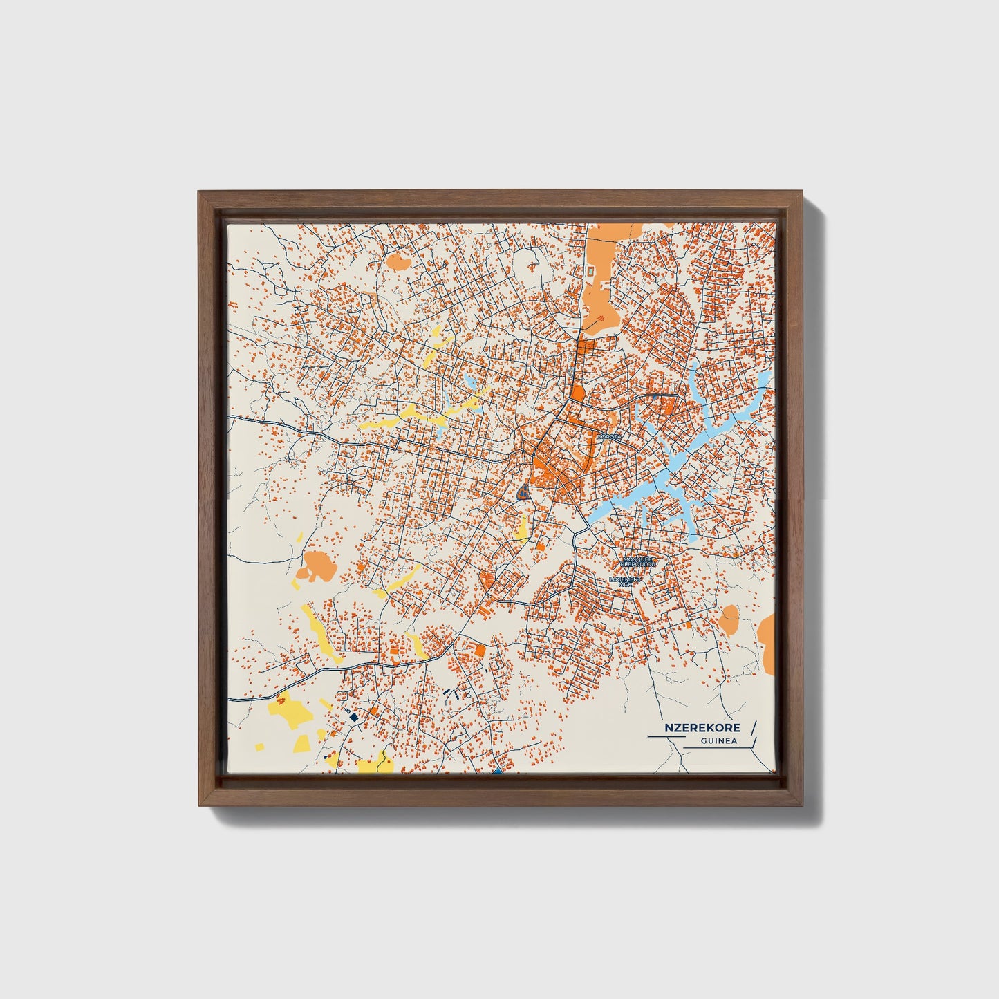 Nzerekore Guinea Colorful City Map Canvas Print • Dark Wooden Framed